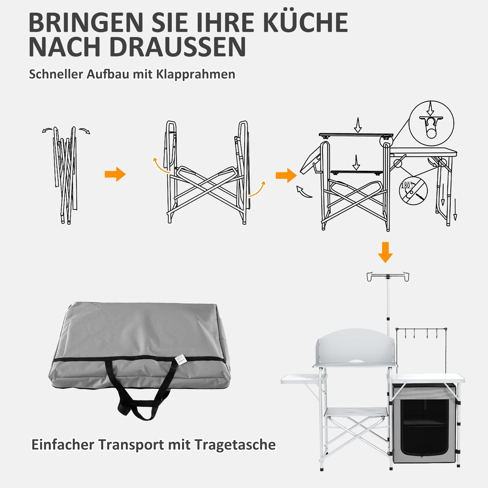 Folding Camping Kitchen, UV & Wind Protection, 3 Worktops, Aluminum