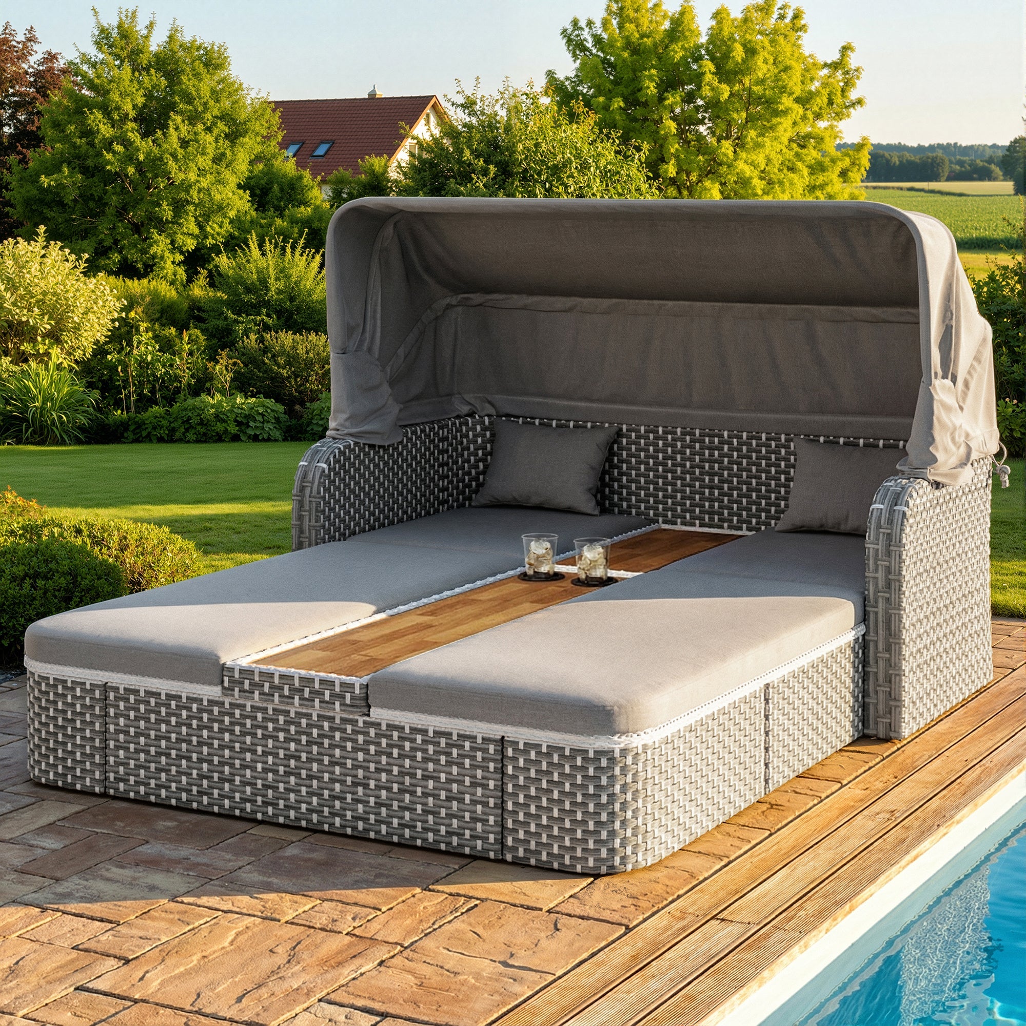 Garden Lounge Set with Sunshade and Gazebo, Polyrattan Seating Group with Sofa and Table, Beige and Grey