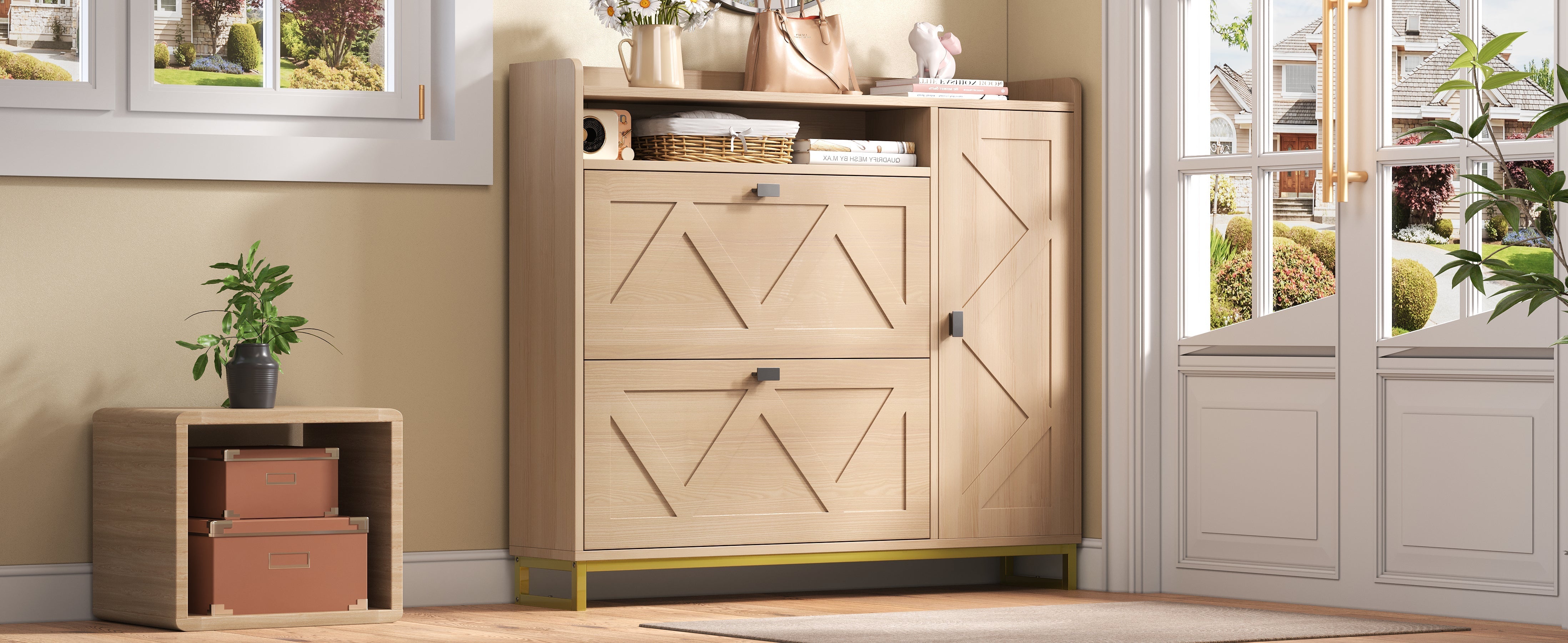 Shoe Cabinet with Double Hinged Lid, Side Cabinet and Geometric Doors, Metal Frame