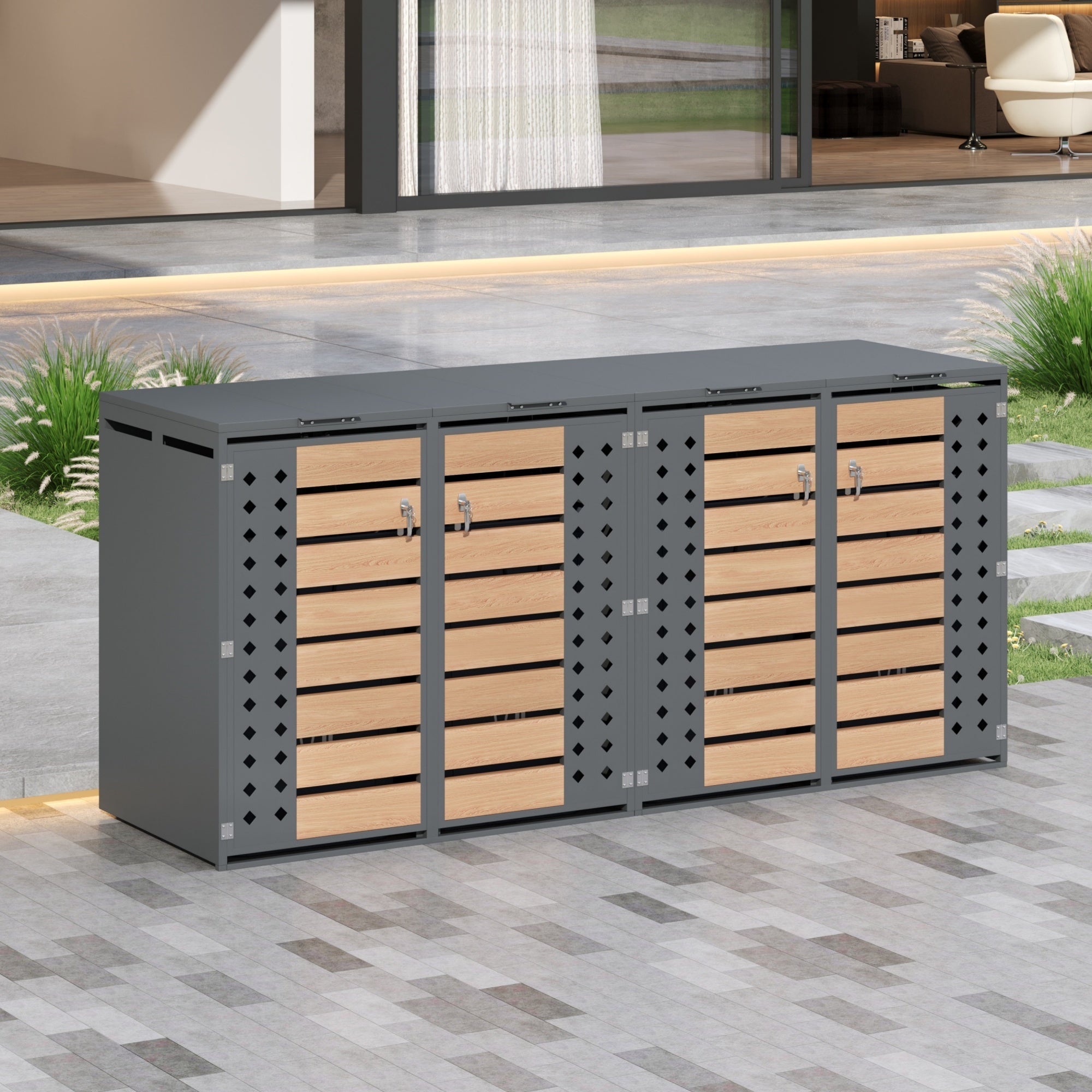 Garbage Can Storage Box with Hinged Lid, Lockable Four Doors, and Diamond-Shaped Hollow Panels, Metal