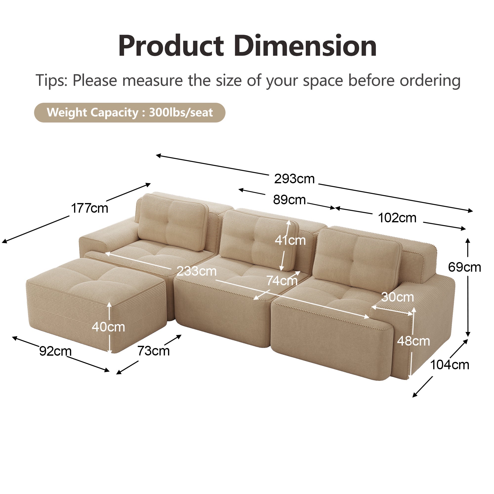 Cloud Modular L-Shaped Sofa 3-Seater Ottoman Boneless Corduroy Beige
