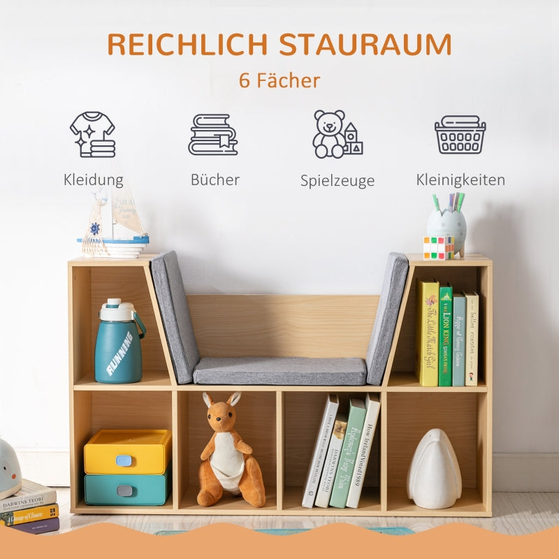 Children's Shelf Bookcase with Stool and 6 Compartments, Toy Box, Grey + Natural