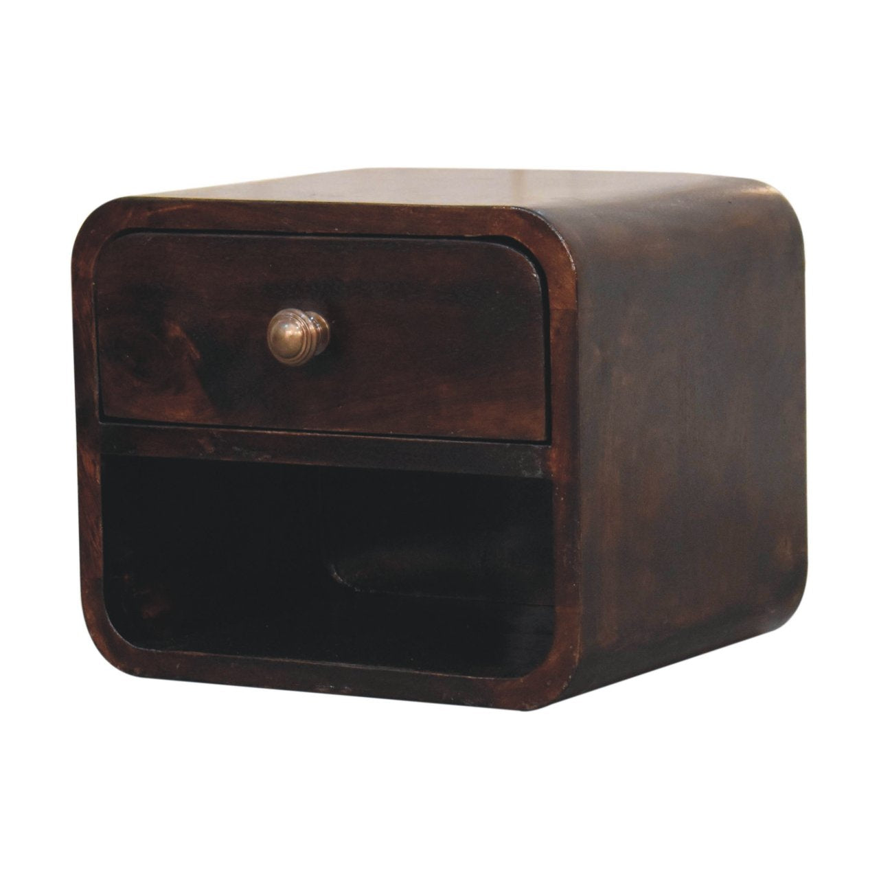Solid Wood Bedside, Mini Curved Wall Mounted w/ Open Slot & 1 Drawer, Dark Brown