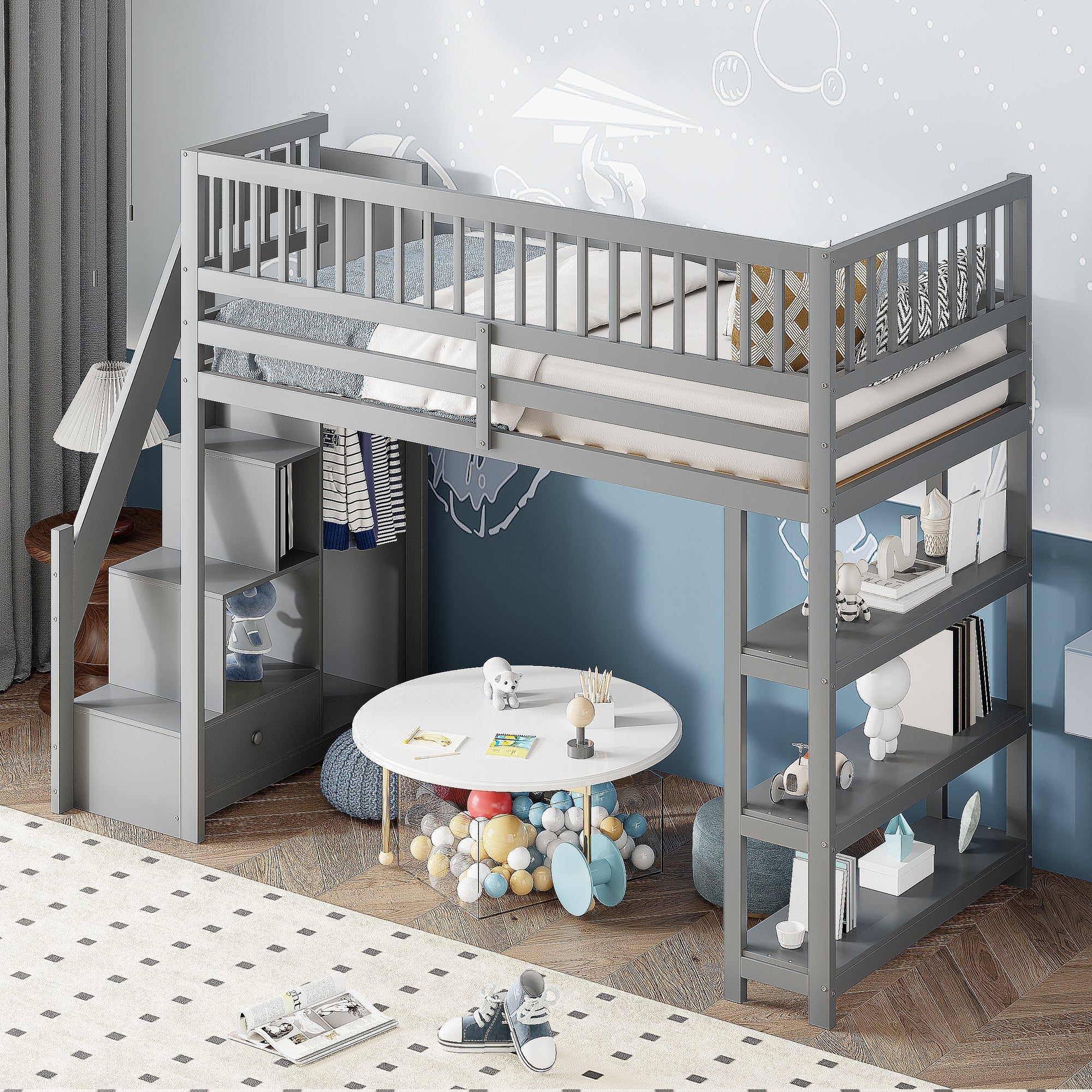 Loft Bed, 90x200 Multifunctional with Wardrobe & Storage, Grey Wooden