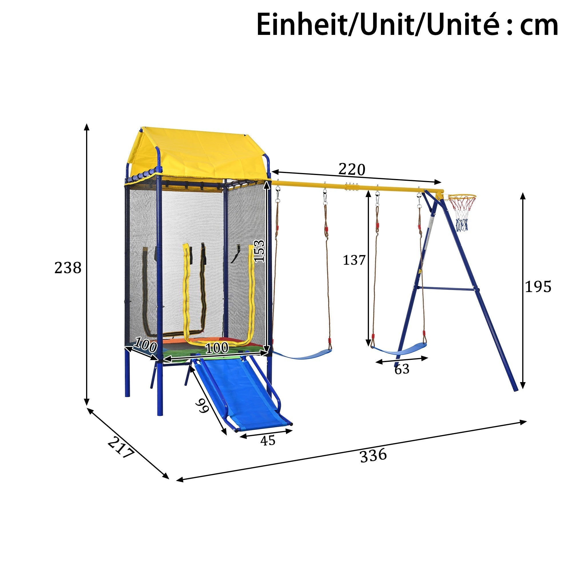 Multifunctional Outdoor Swing Set with Trampoline, Slide and Basketball Hoop, Sturdy Iron Frame