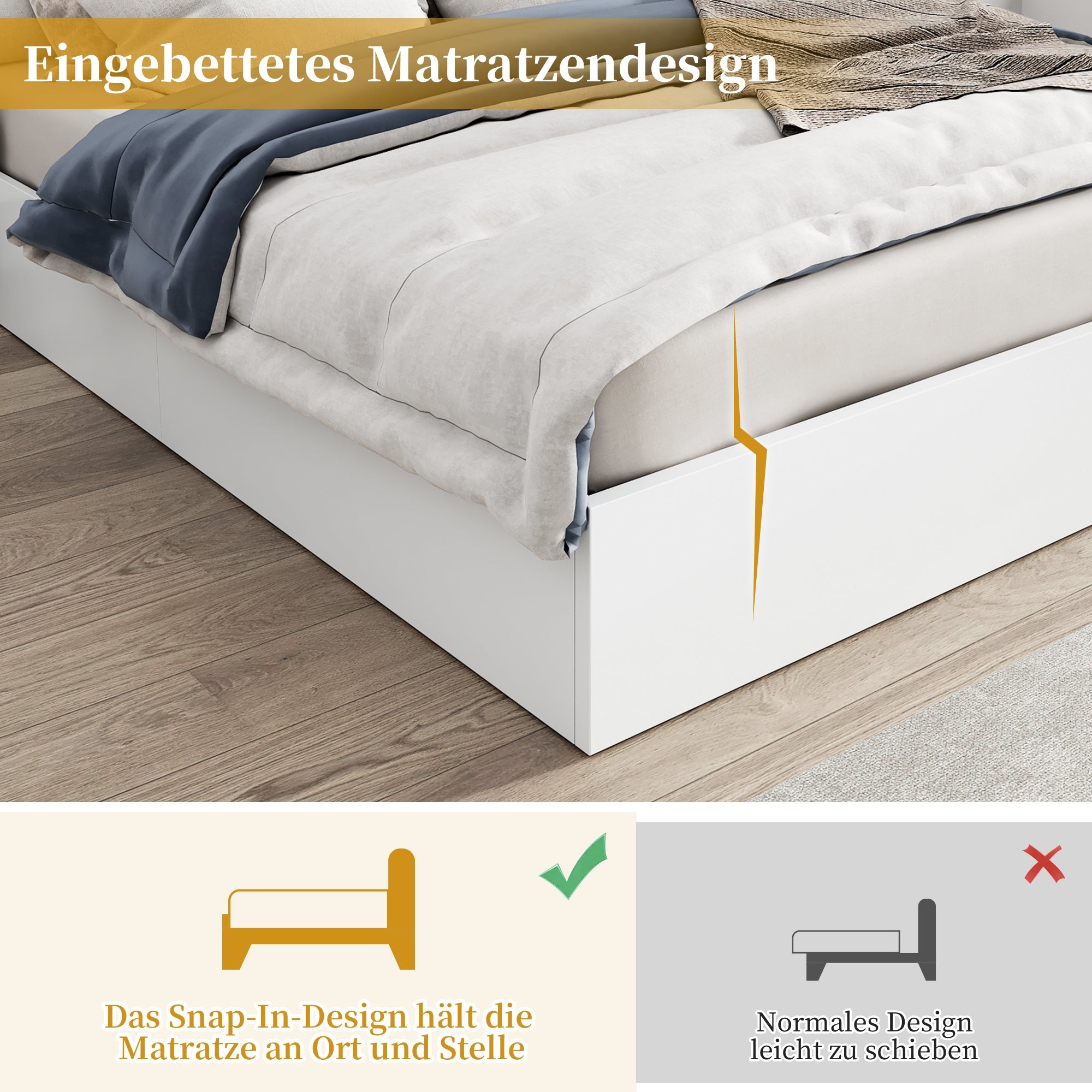 Double Bed with USB, Clock, Bluetooth Speaker and LED, 160x200cm, White Wood