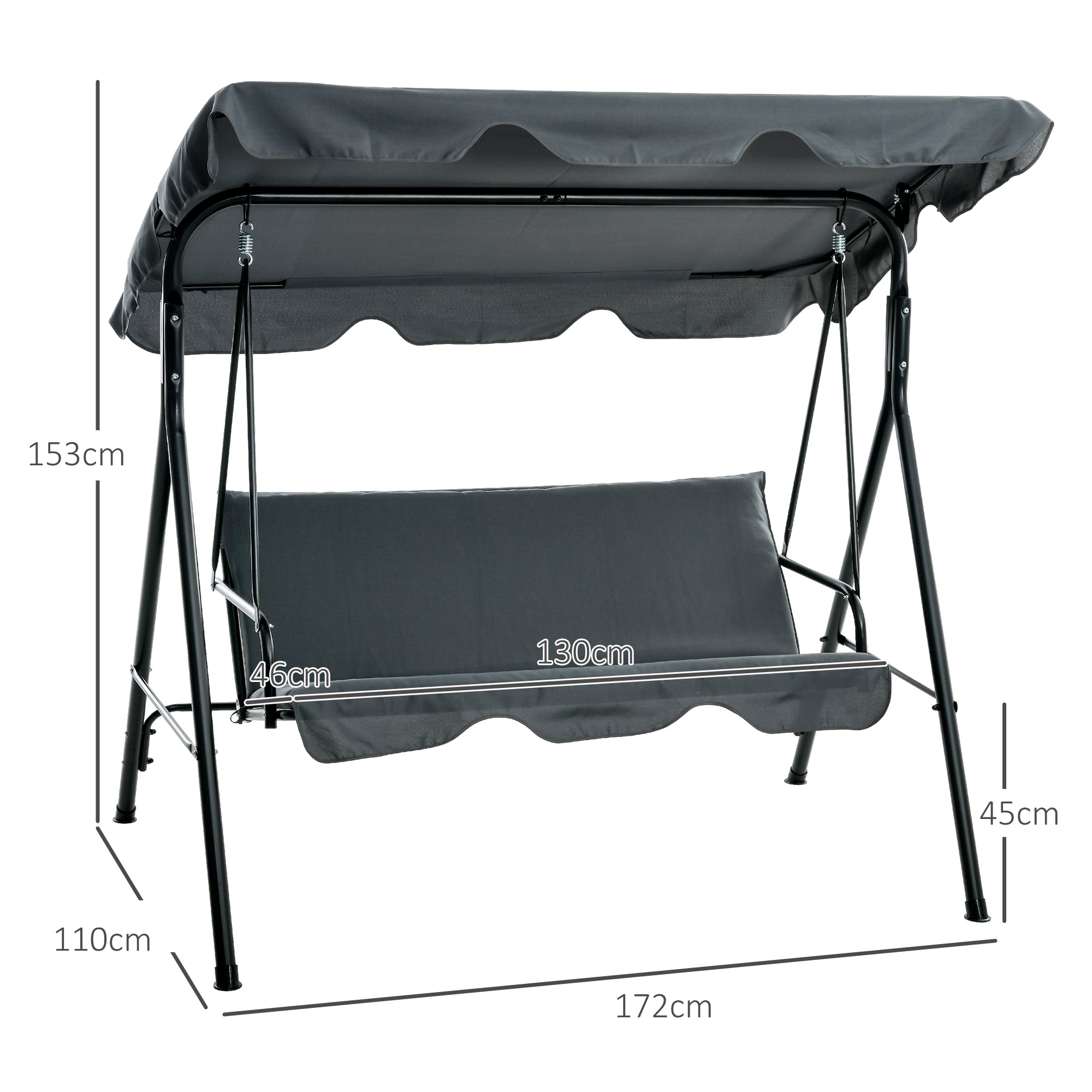 Outsuuny 3-Seater Hollywood Swing with Adjustable Sunshade, 240 kg Load Capacity, Grey