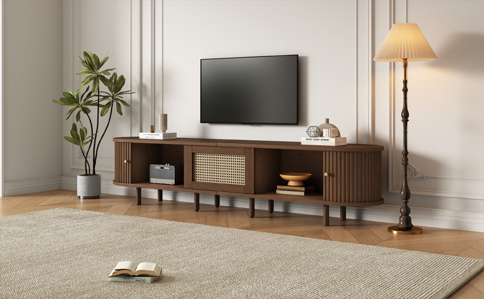 TV Stand with 1 Rattan Drawer, 2 Sliding Doors, Oval for 70 Inch TV, Dark Oak MDF