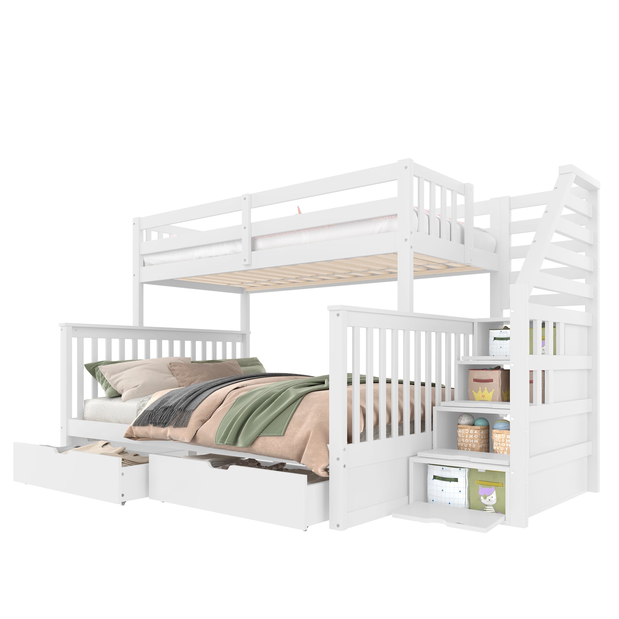 Multifunctional Bunk Bed with Storage Drawers, 90x200cm over 140x200cm, White