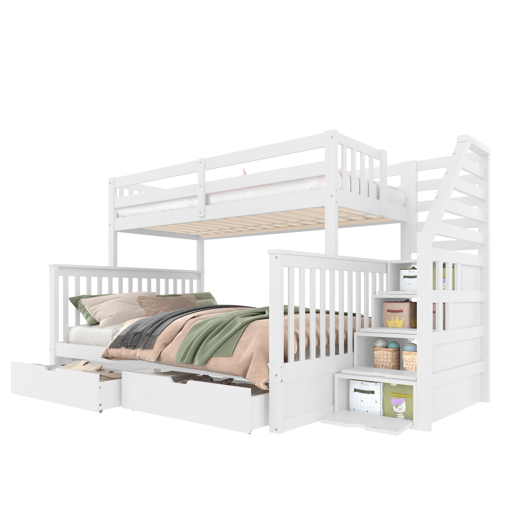 Multifunctional Bunk Bed with Storage Drawers, 90x200cm over 140x200cm, White