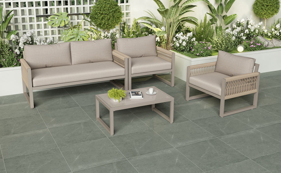 Garden Lounge Set 4-Piece Rope Furniture with Glass Top, Khaki Rope/Iron Frame