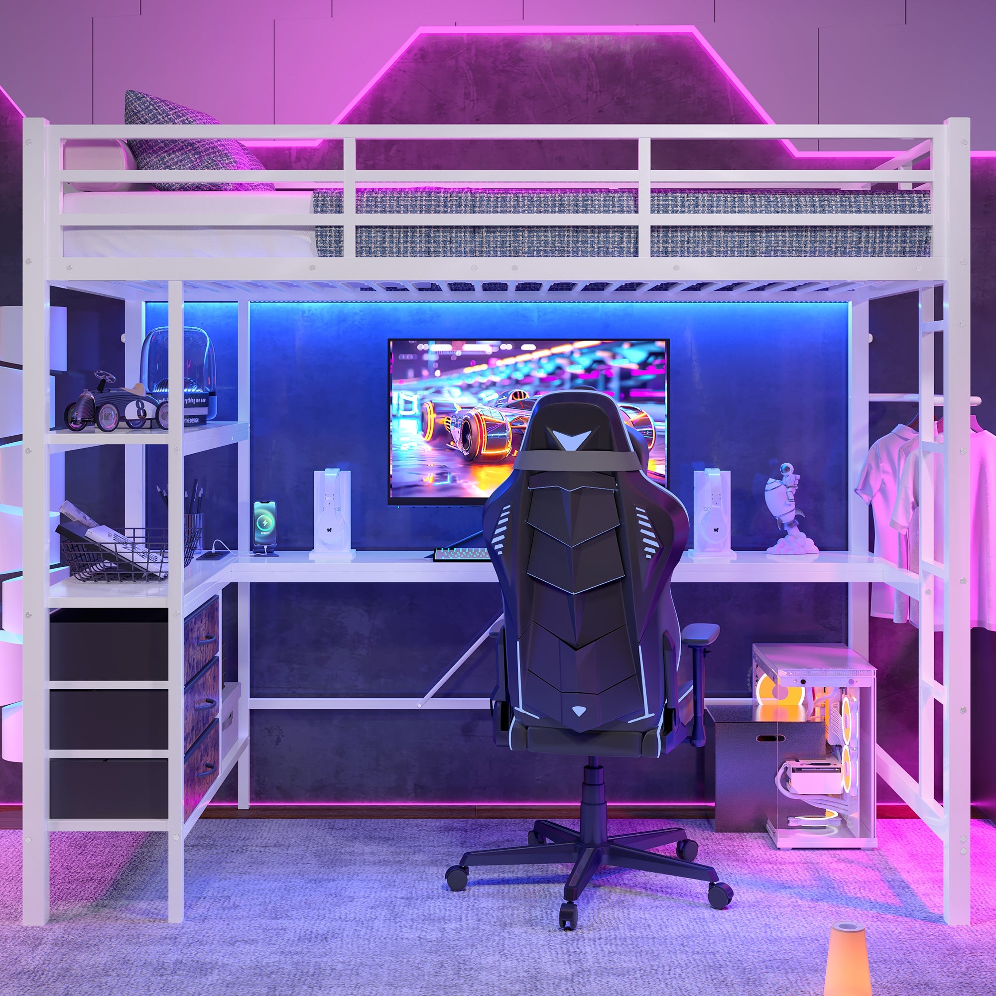 Loft Bed 90x200cm with Desk, LED Lights & Storage Drawers, White