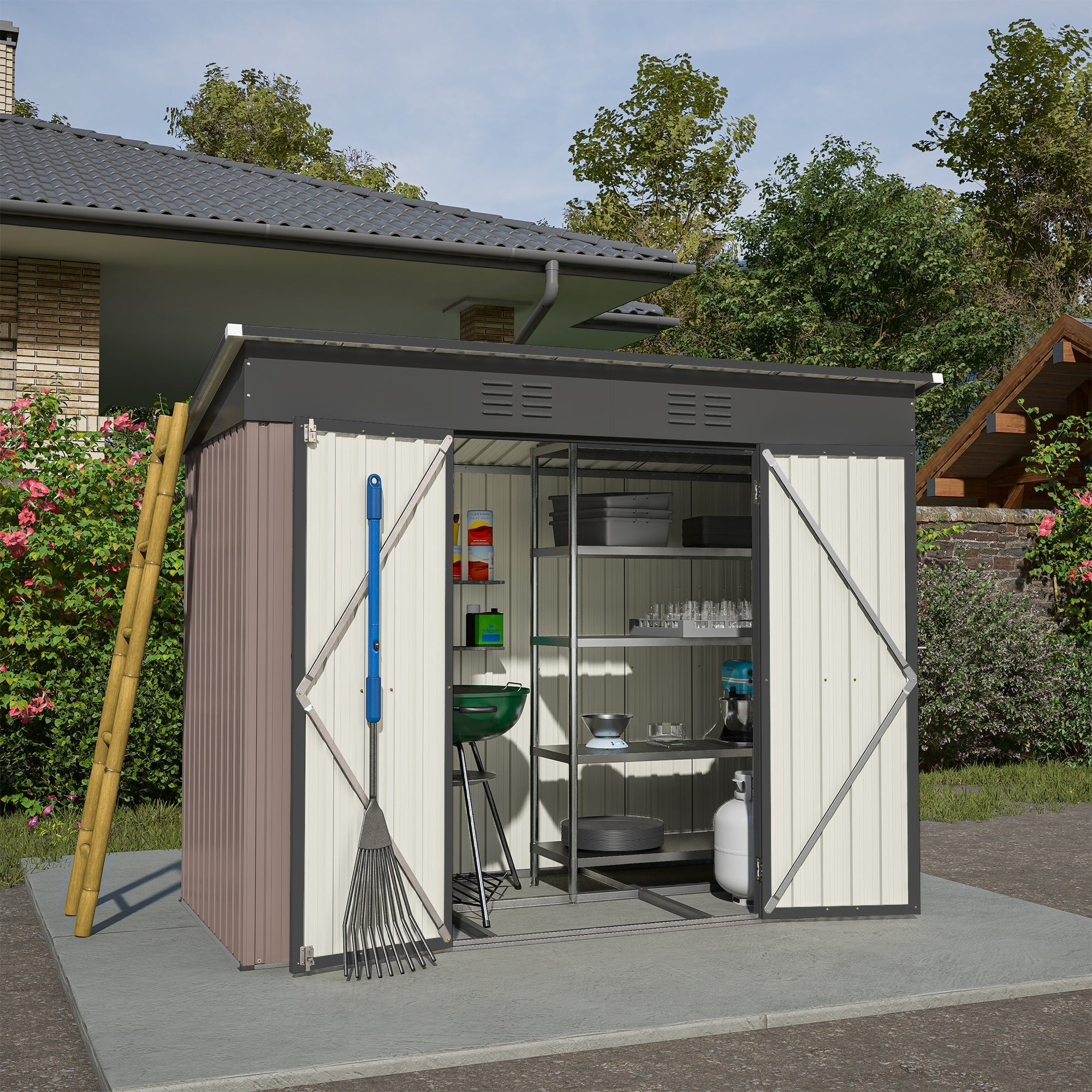 8x4 FT Metal Tool Shed Garden House with Metal Foundation, Brown