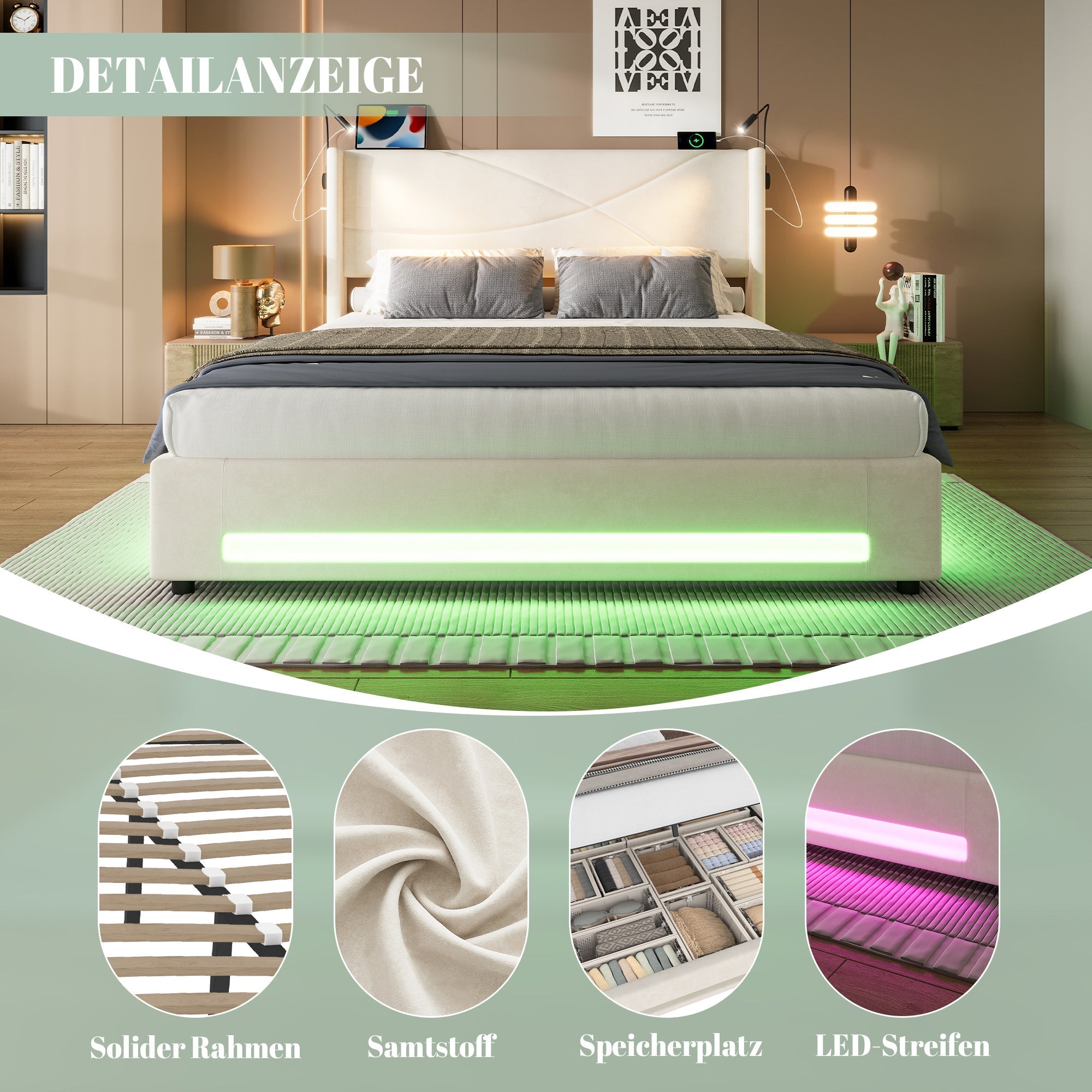 Bed Frame, Modern with Reading Lights, LED, Hydraulic Storage, USB Ports, 140x200cm