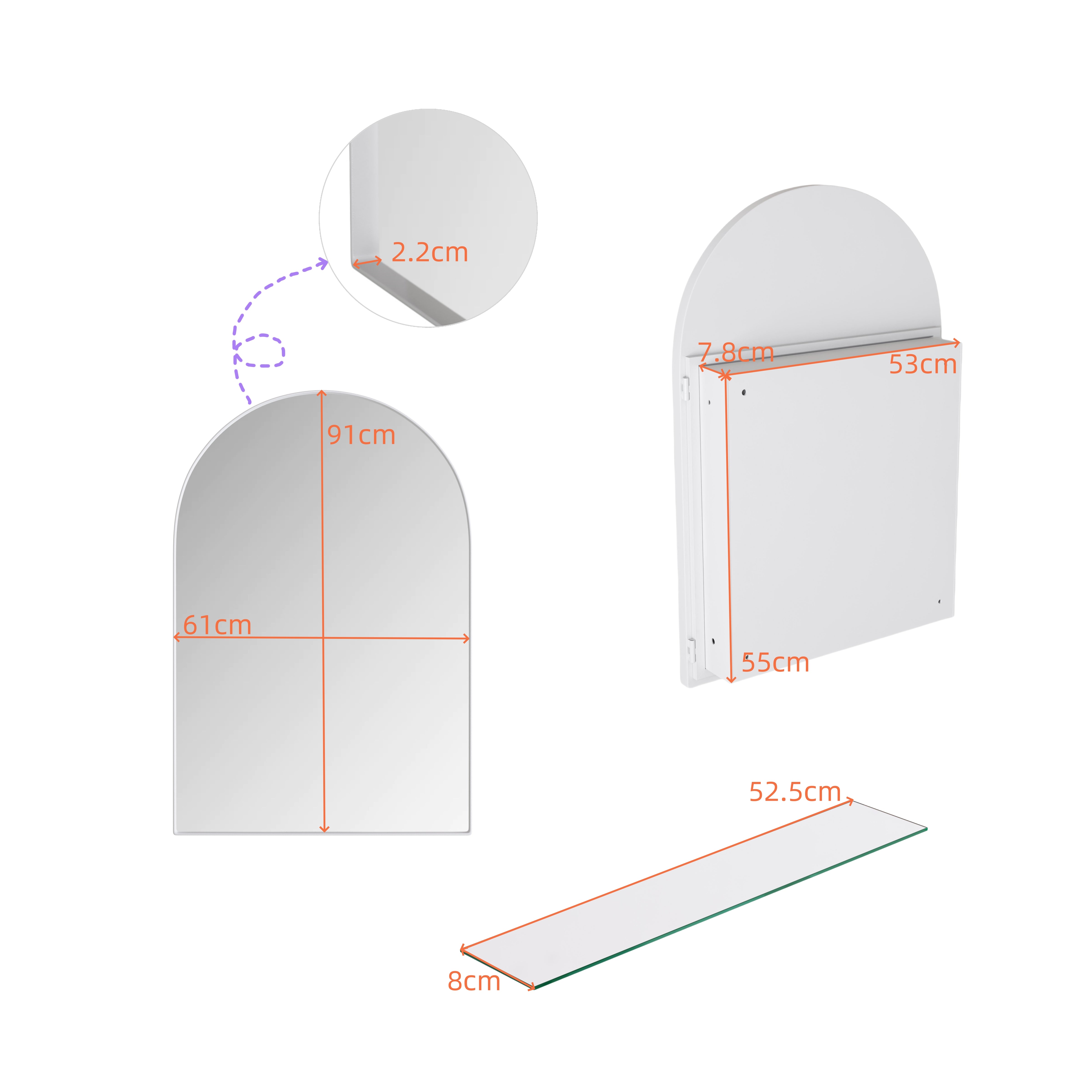 Arched Mirror Cabinet, Recessed/Wall Mount, Adjustable Shelves, White