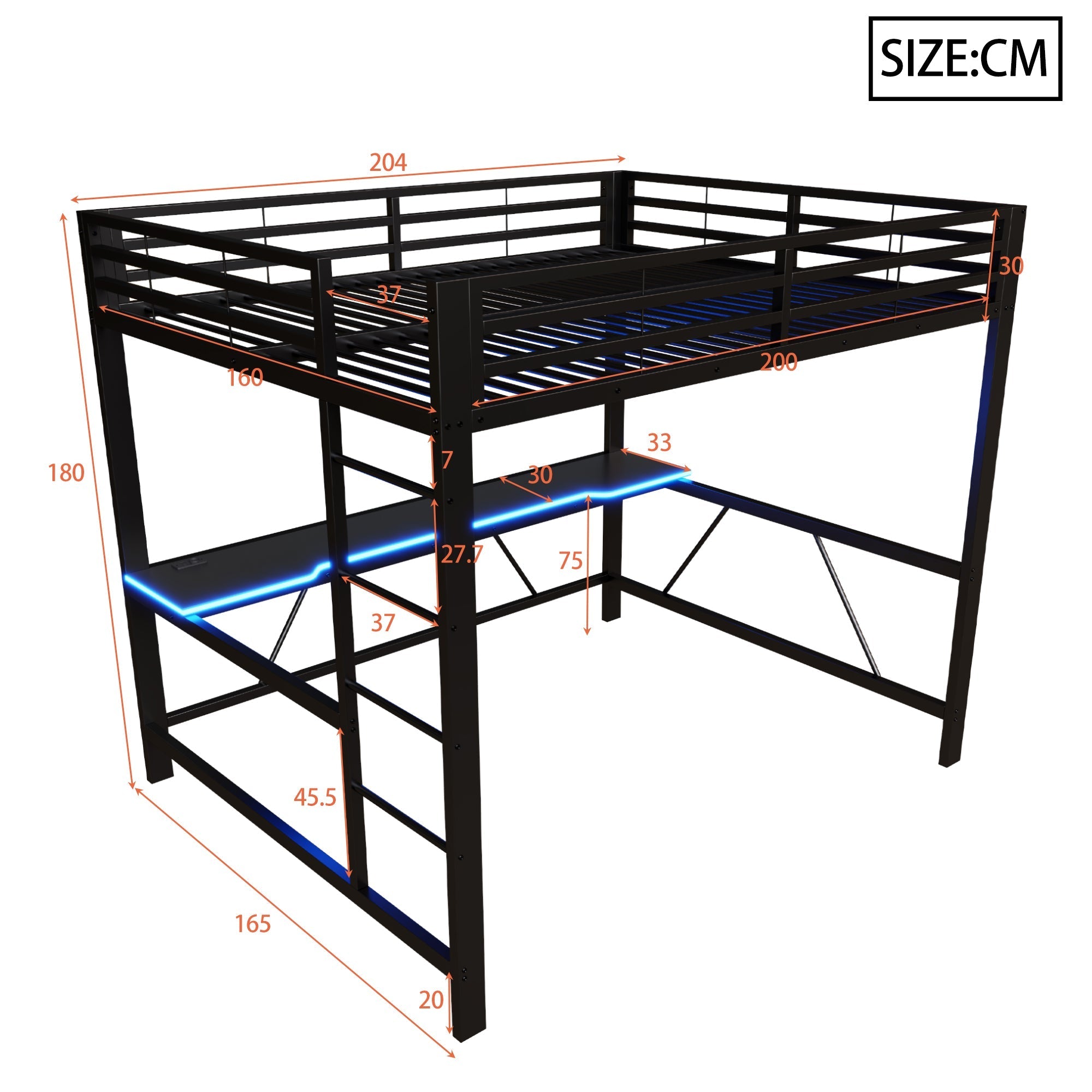 Gaming Metal Loft Bed Frame with LED Lighting, USB Station and Desk, 160x200, Black