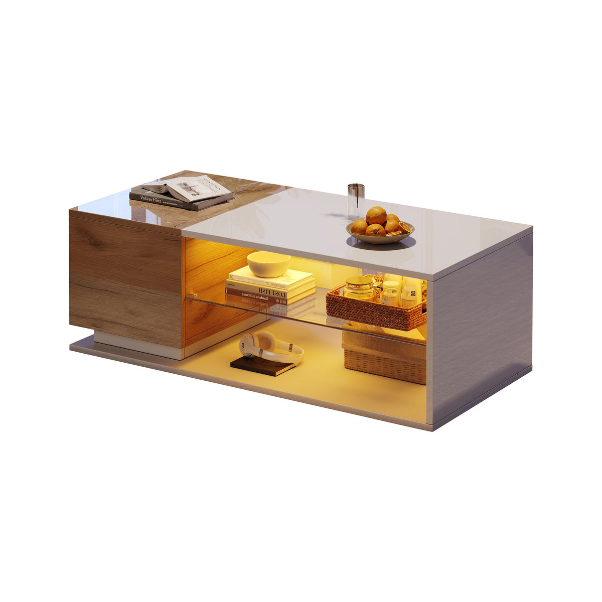 LED Coffee Table High-Gloss with Storage and Lighting 105x50x36cm