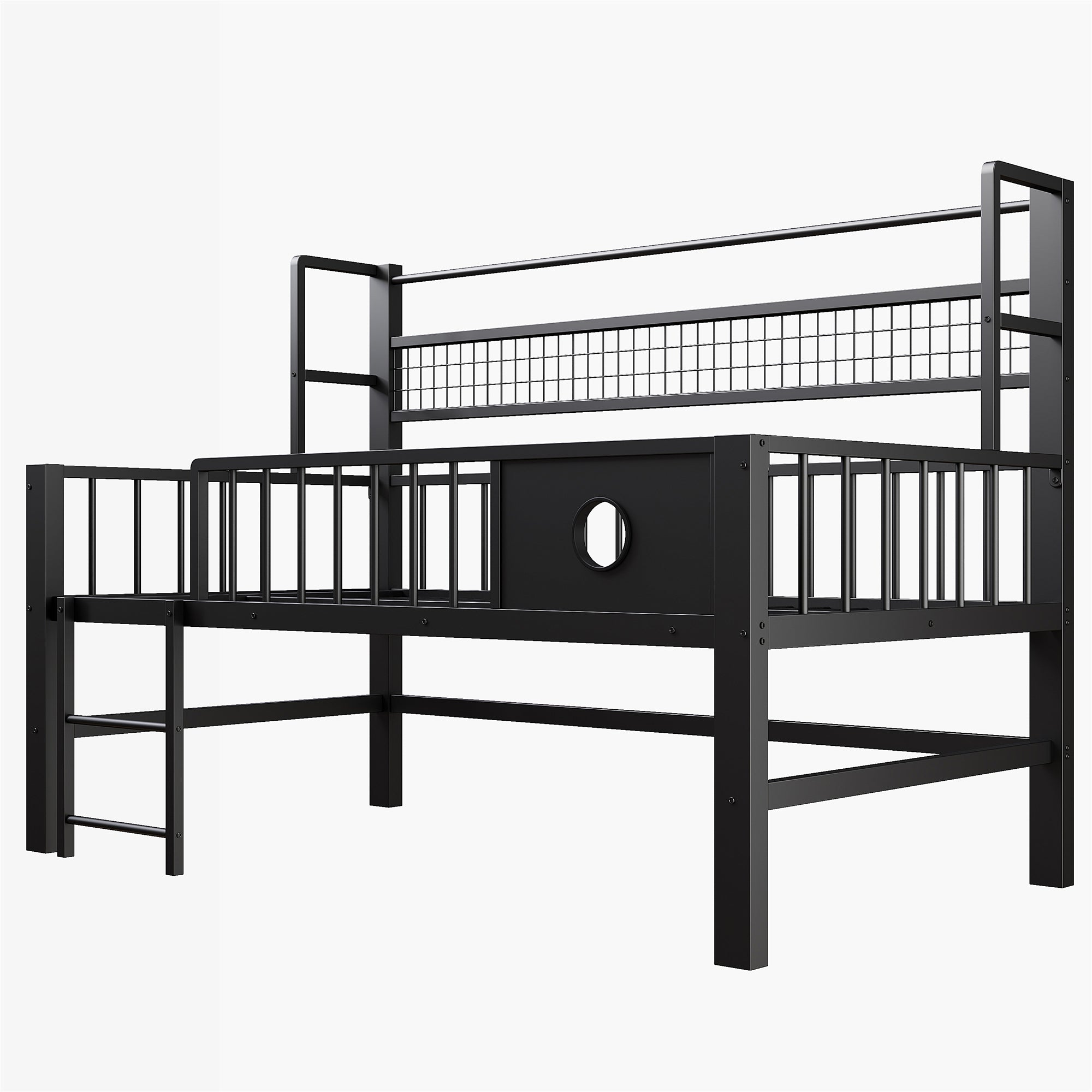 Low Loft Bed with Storage Compartments, 90x200cm, Black Metal