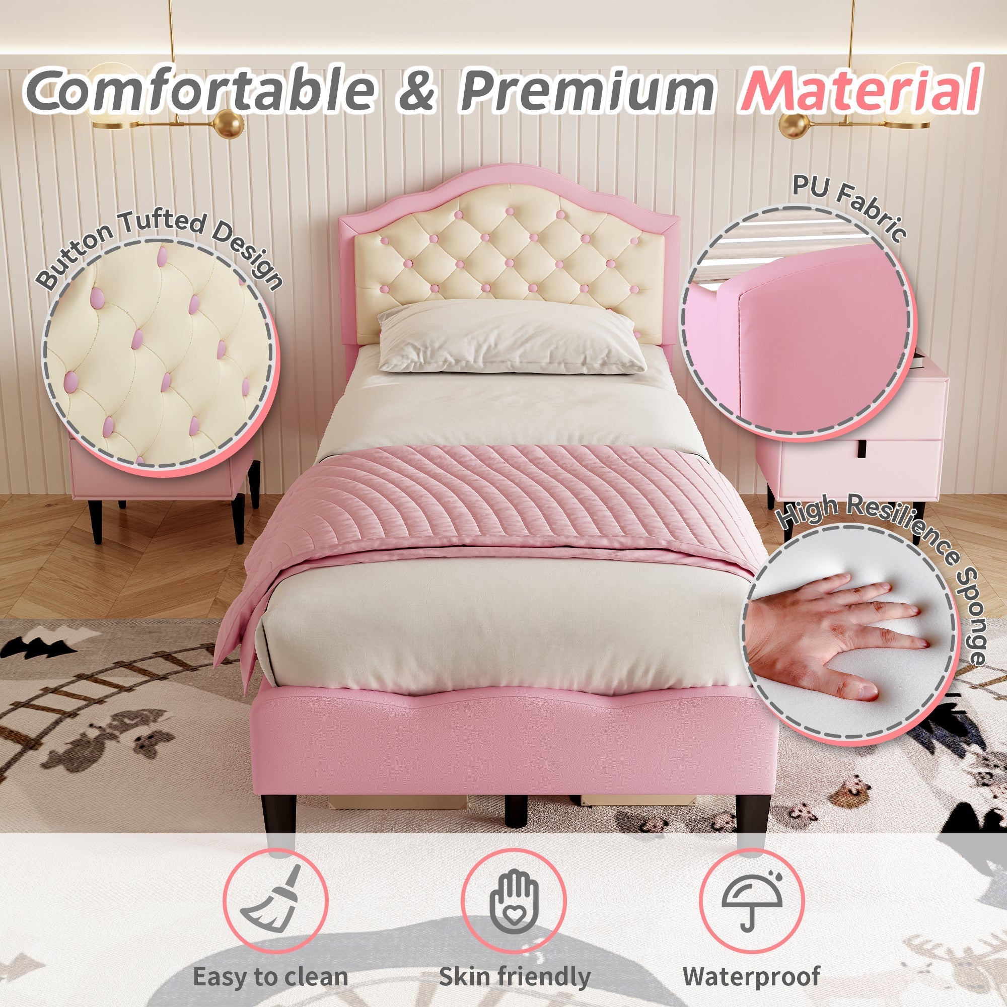 3ft Single Upholstered Bed Frame with Adjustable Chic Button-Tufted Headboard, Pink+Beige