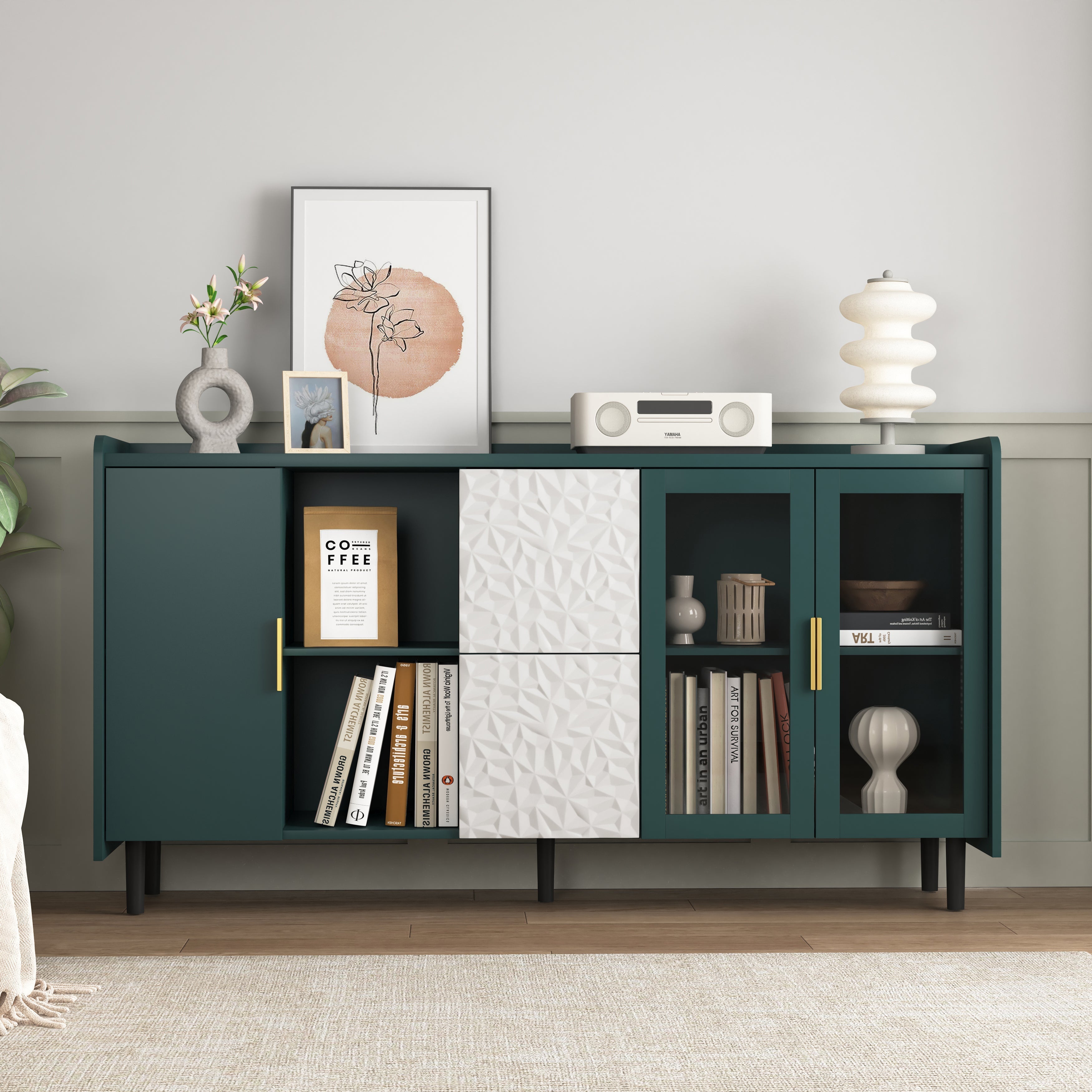 Modern Pantry Cabinet 55-inch with 2 Drawers 2 Glass Doors & Shelves - Green