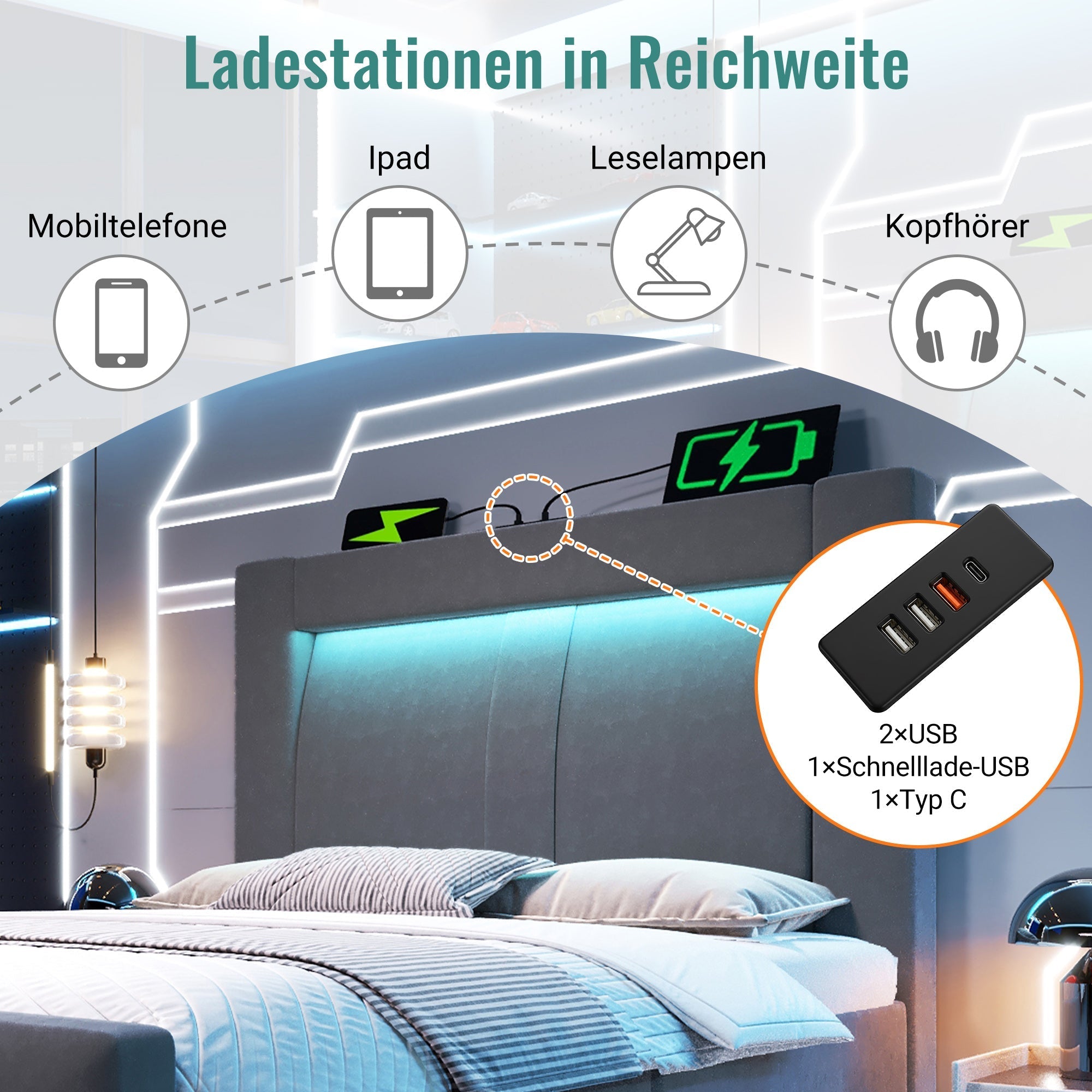 Single Hydraulic Bed 90x200 cm with LED, Storage, Charging Ports and Mattress, Grey Velvet