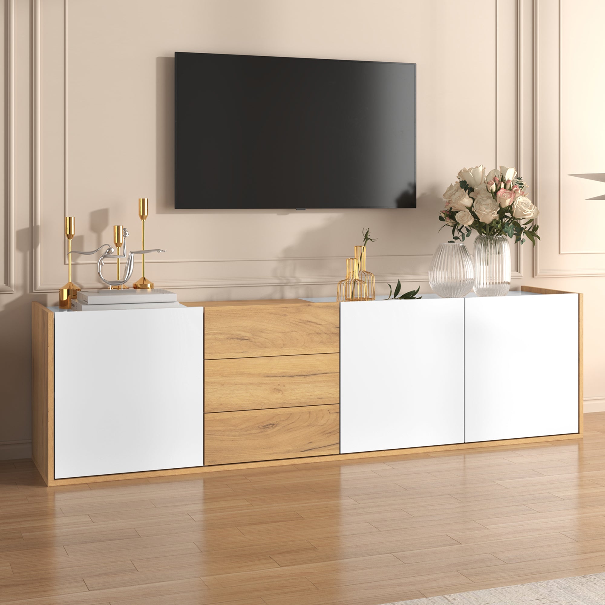 TV Cabinet, Low Panel Wall/Floor Mount, White and Wood