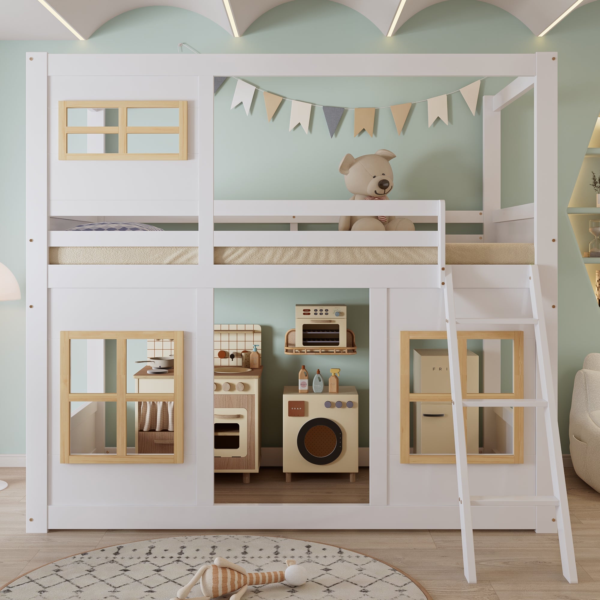 Bunk Bed, Kids with Windows, Ladder & Fencing, Pine + MDF + Plywood