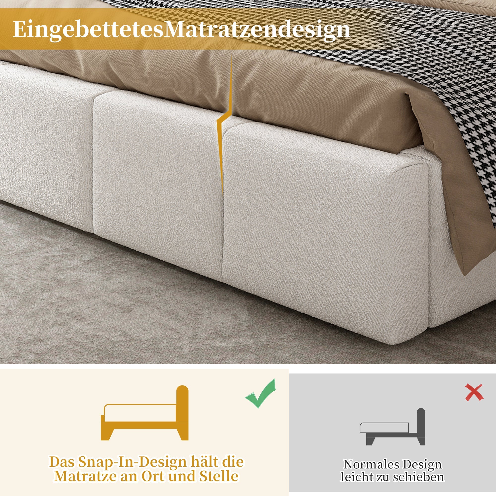 Upholstered Double Bed with Hydraulic Storage and Slatted Frame, 180x200cm, Beige Bouclé