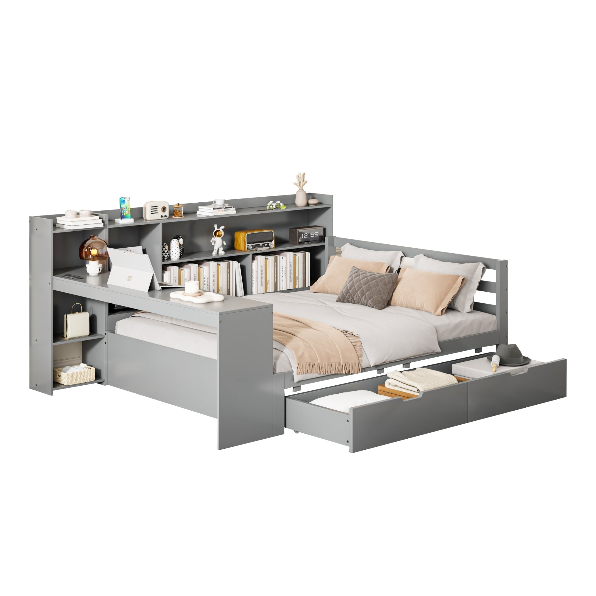 Sofa Bed, Multifunctional 140x200cm with Desk Storage & Power Outlet, Solid Wood Grey