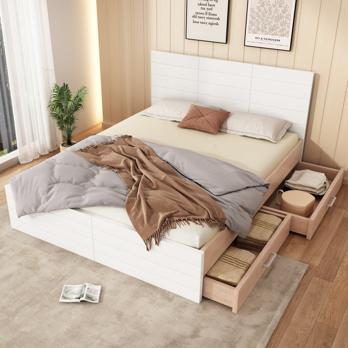 Double Wooden Bed, 140x200cm with 2 Drawers, Oak/White