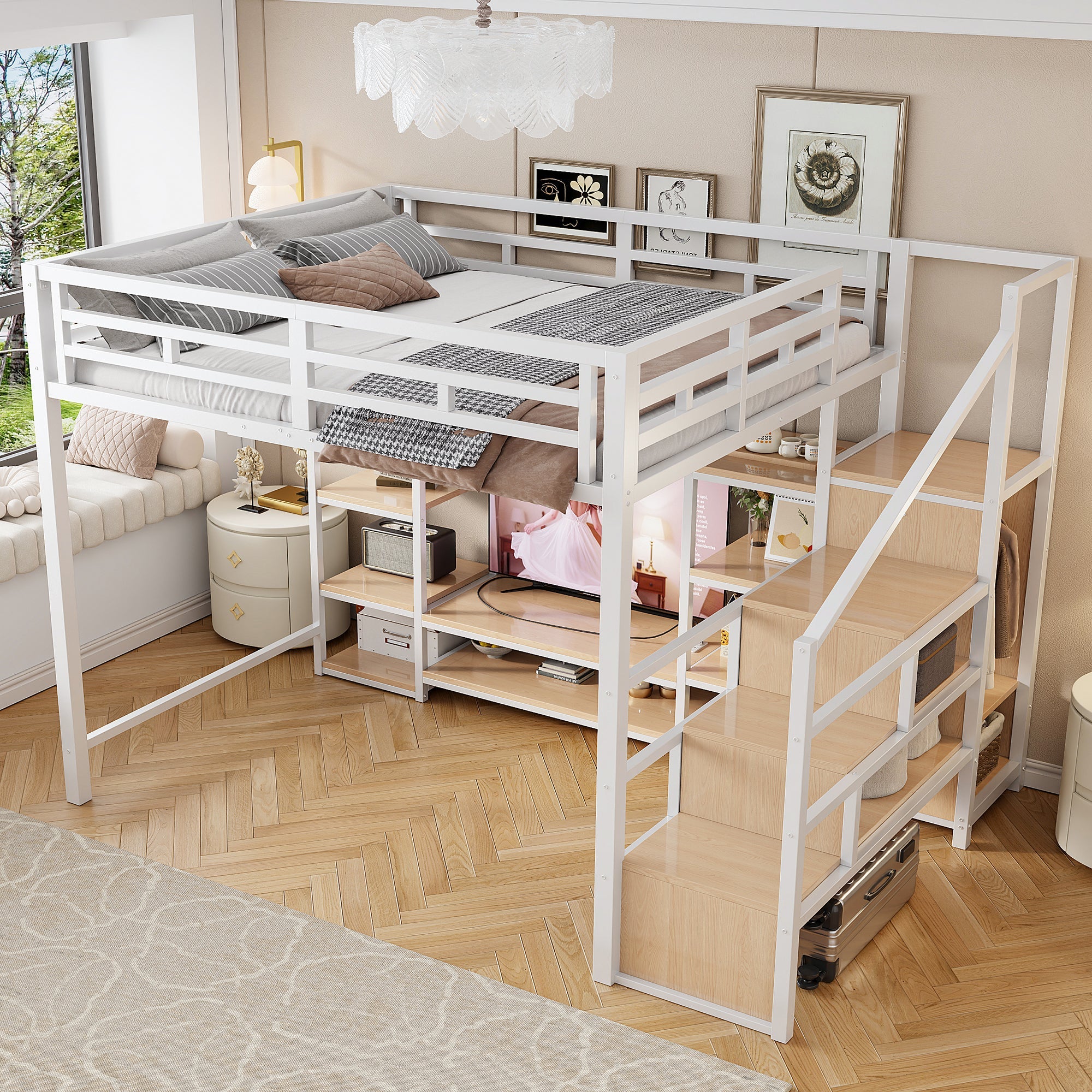 Loft Bed with TV Stand, Power Outlet and Safety Ladder, 140x200cm, White Metal and Wood