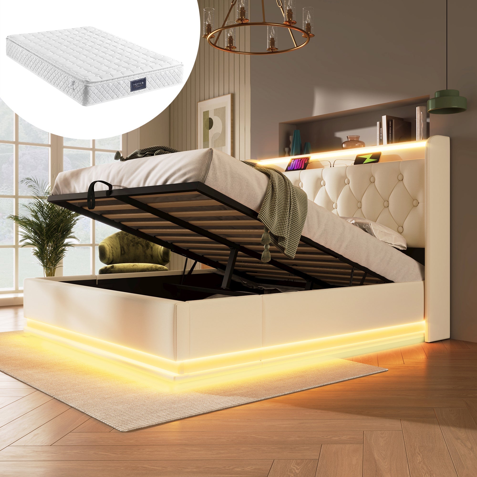 Upholstered Bed Double, LED, Hydraulic Storage, USB-C Charging, White PU