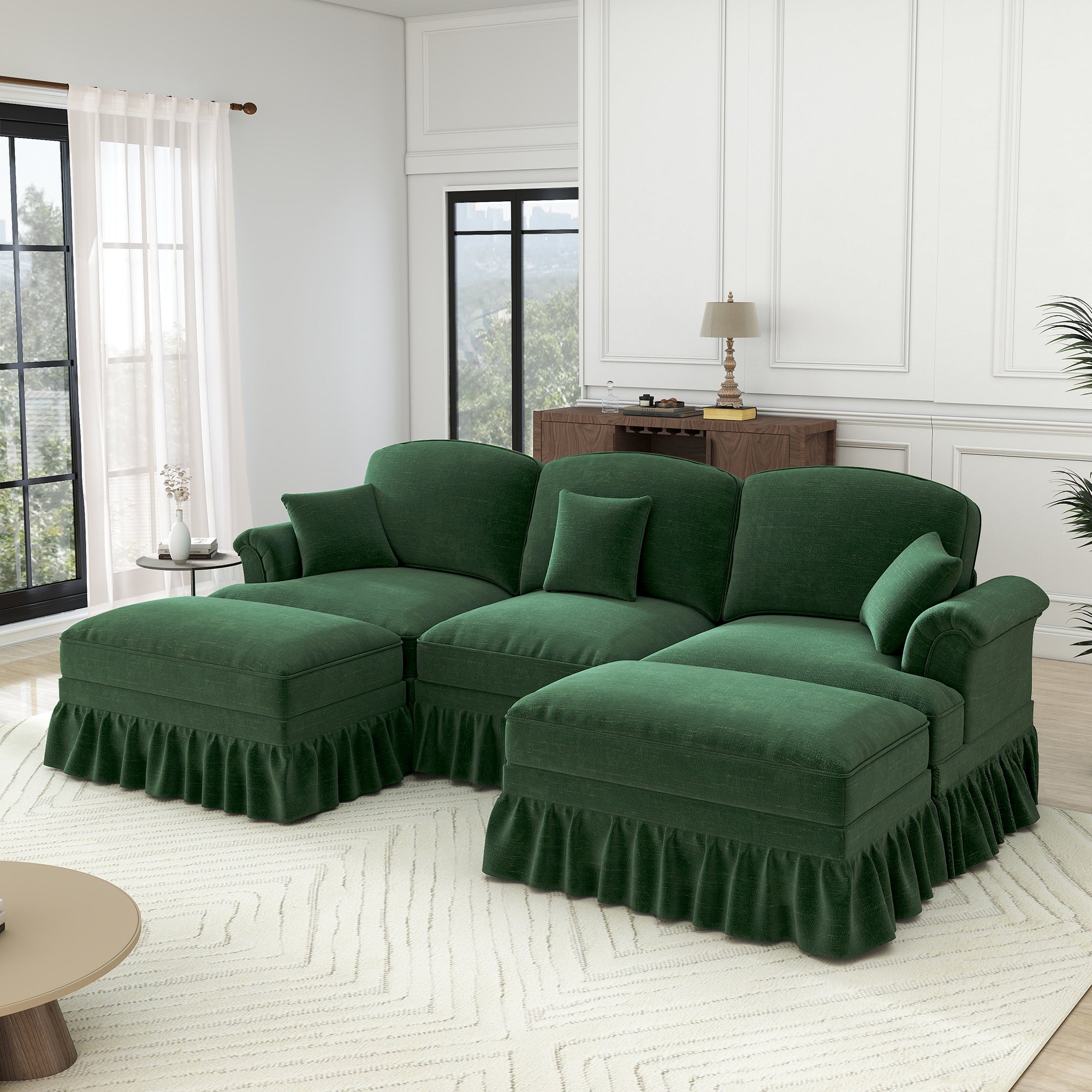 Classic U-Shaped Modular Sofa with Ottoman, Chenille - Green