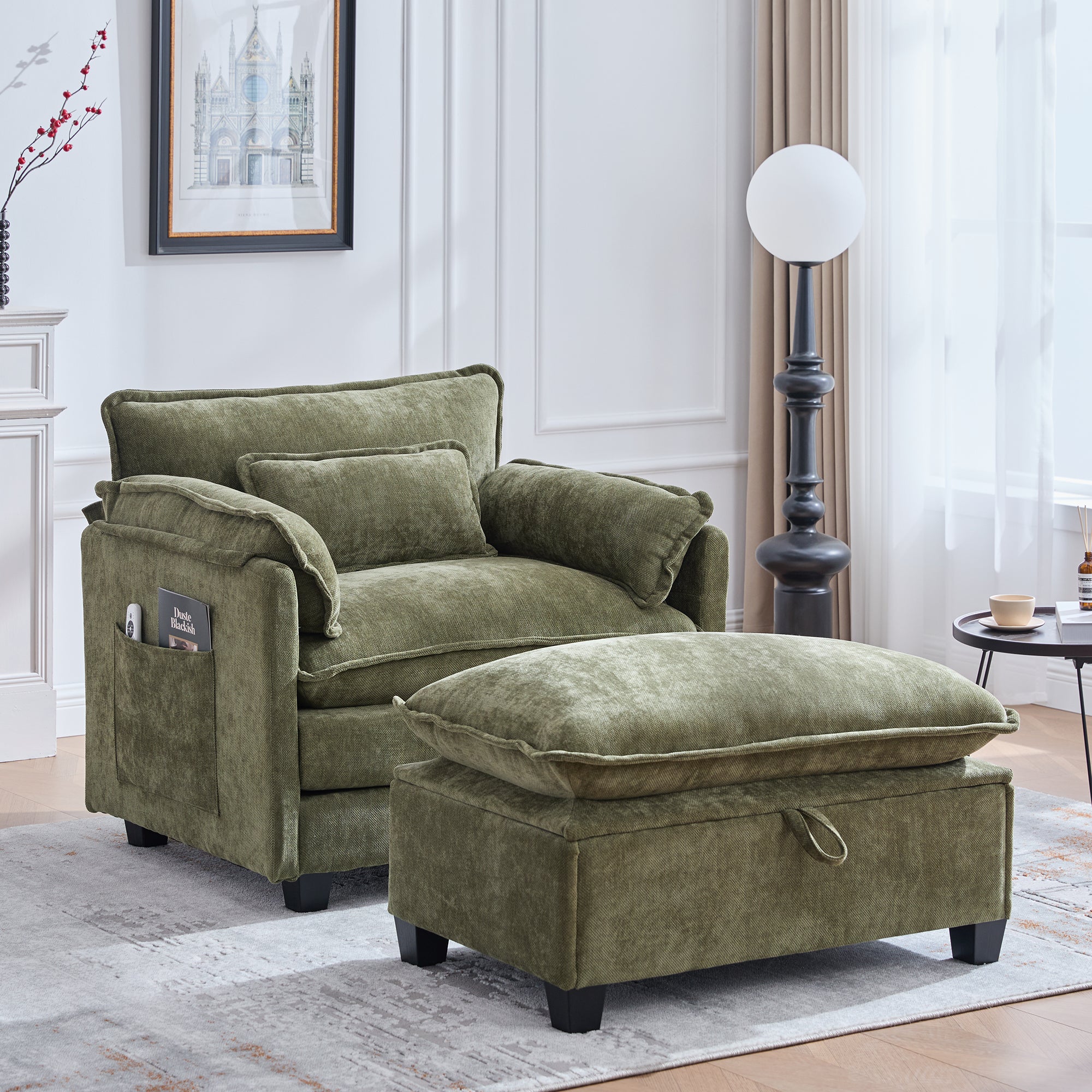 Armchair, Oversized with Footrest, Stool, Side Pockets, Cushions - Velvet