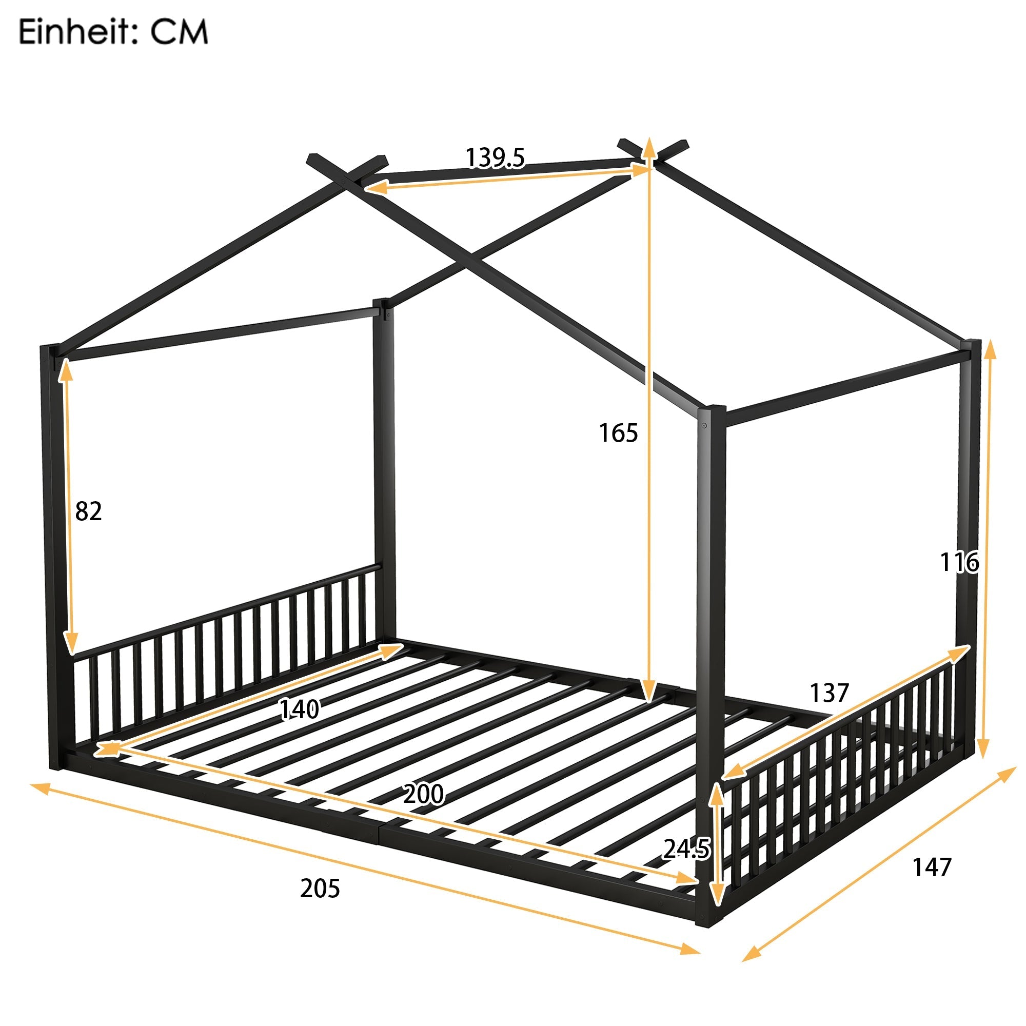 Children's Flat Bed 140x200cm House Rail Iron Frame Black