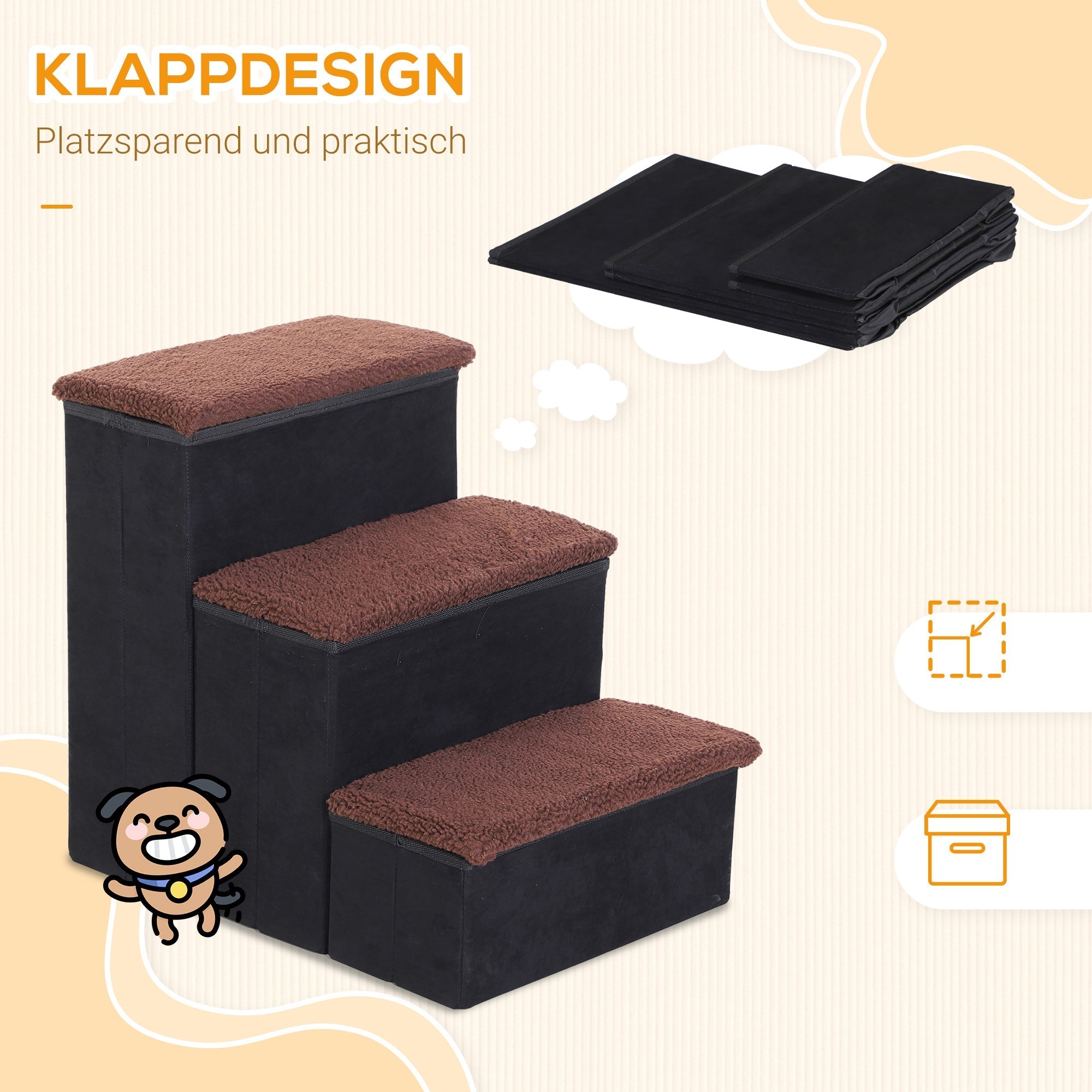 Pet Stairs Foldable 3 Steps Storage, MDF Black