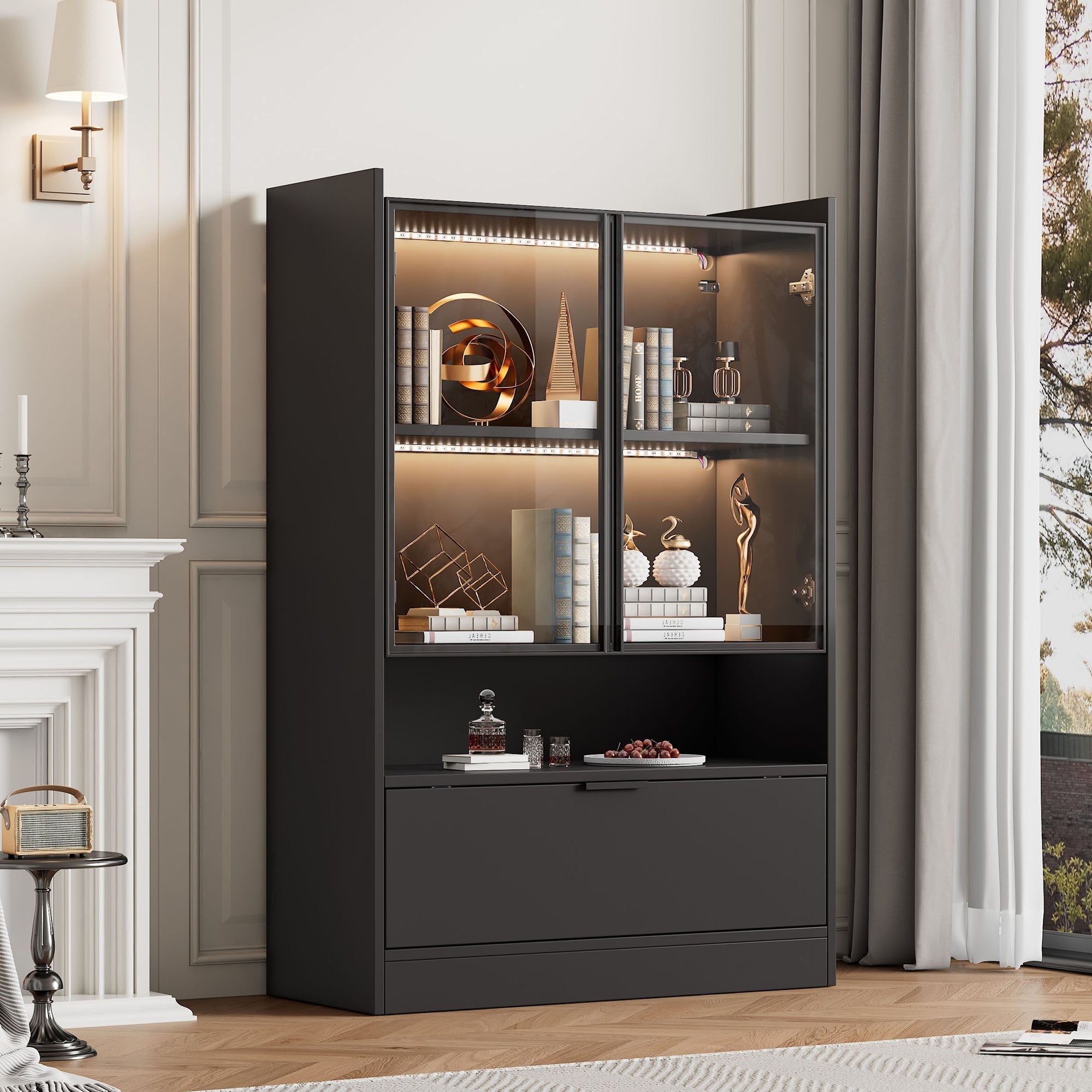 Modern LED Display Cabinet 120cm High 16-Color Lighting Glass Doors, Matte Black Chipboard