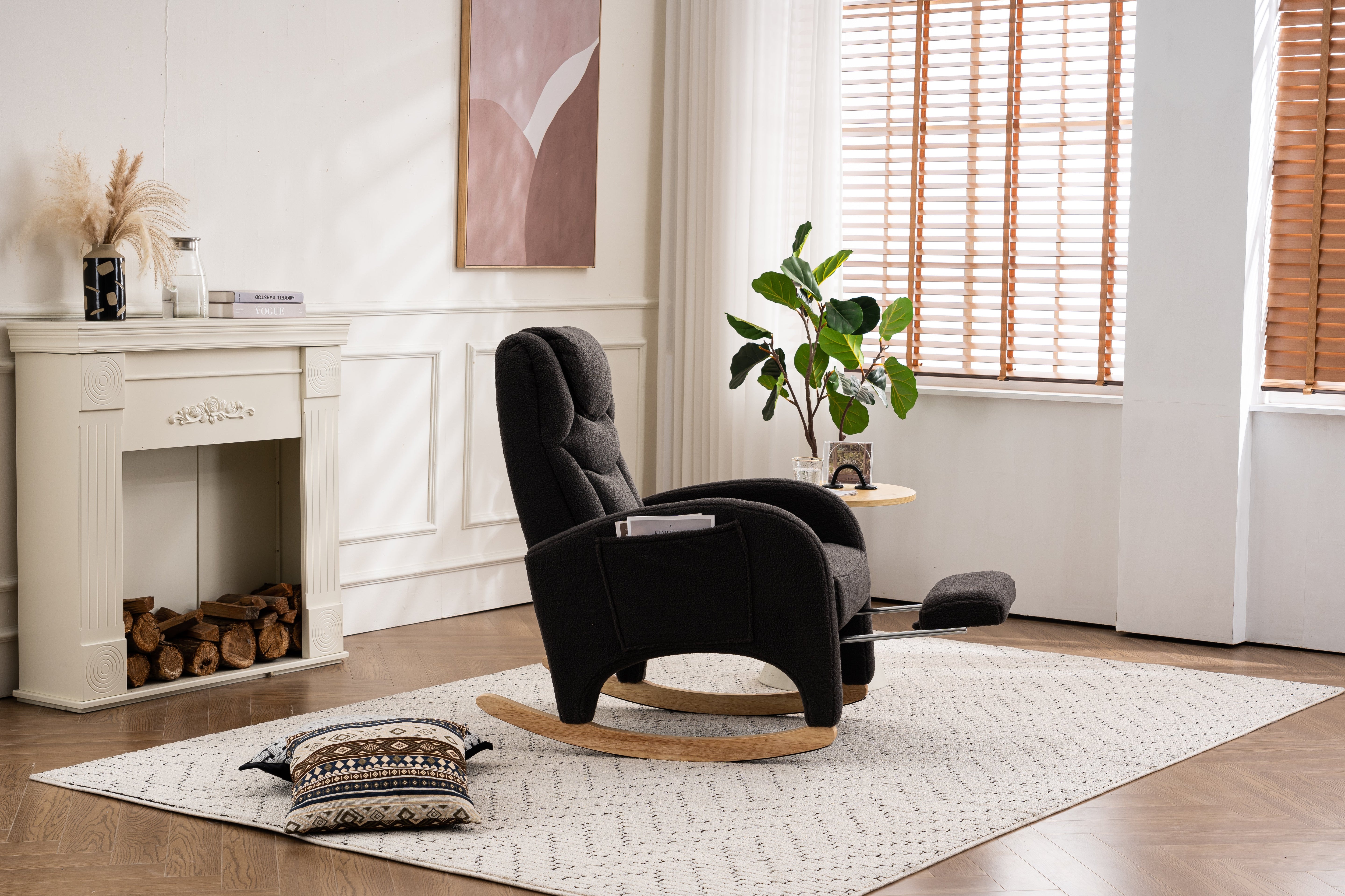 052 Rocking Chair, Upholstered with Armrest, Dark Grey Teddy Fabric