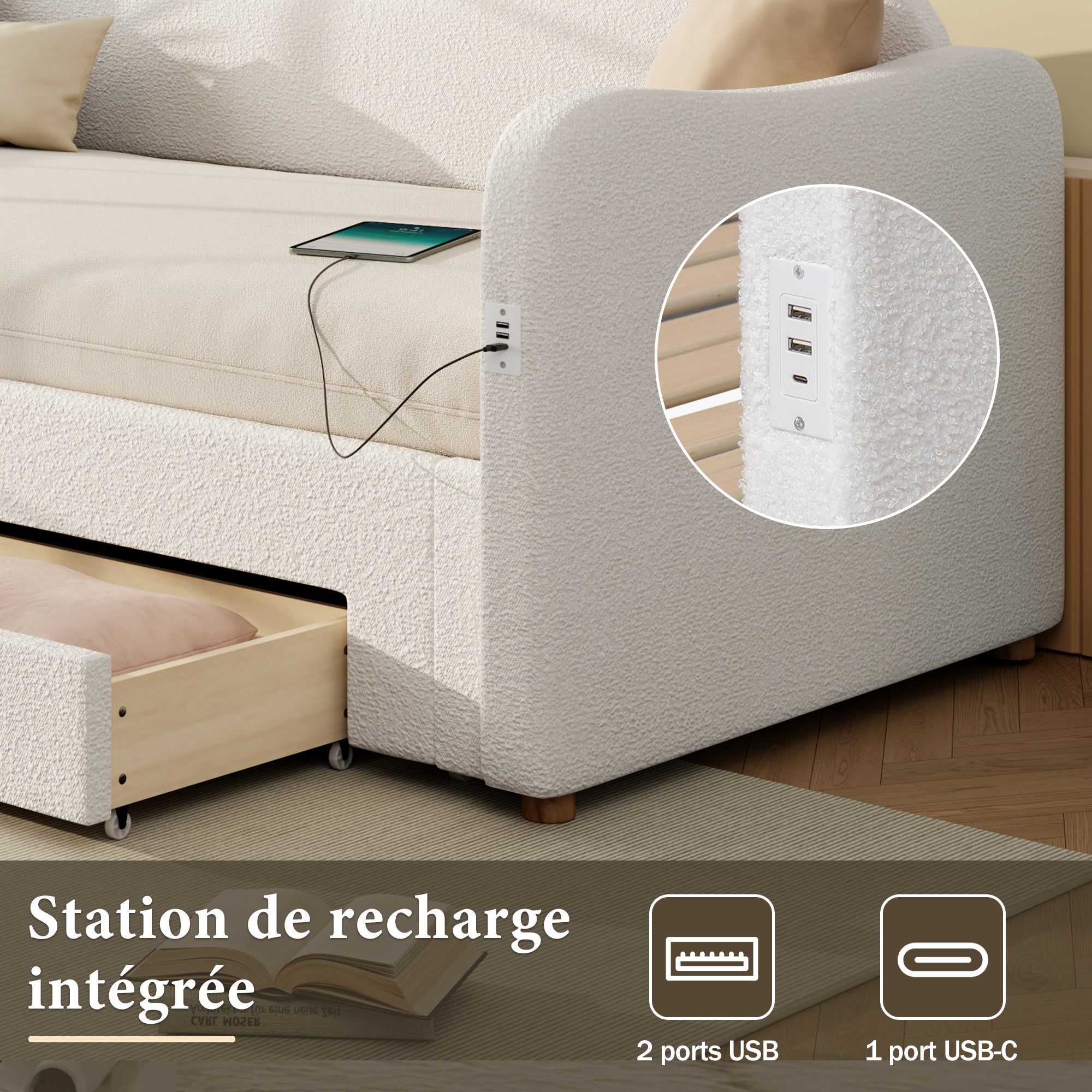 Upholstered Daybed with 2 Drawers, USB Port and Extendable Frame, 90-180x200cm, Beige Bouclé
