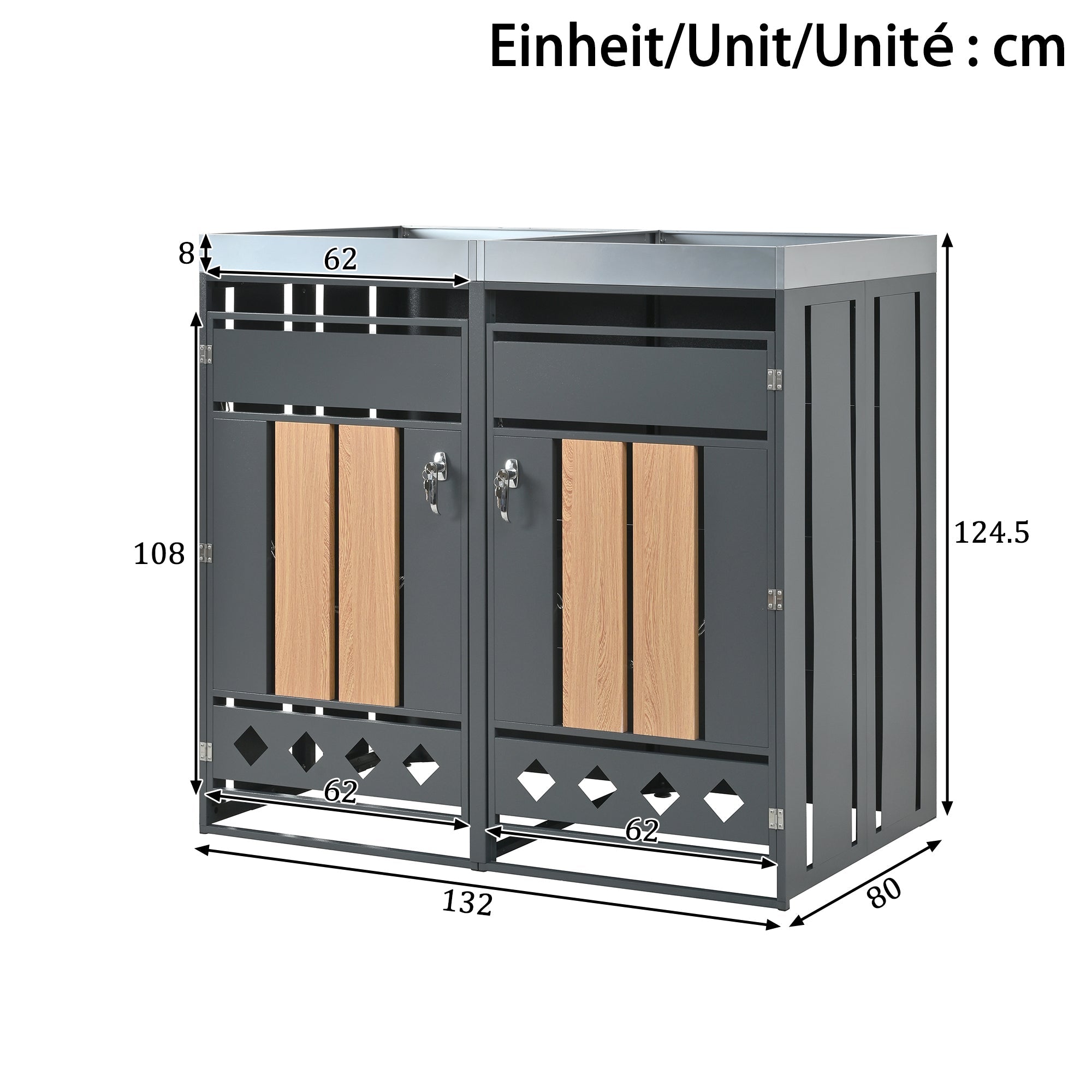 Bin Storage Unit with Planting Area, Lockable Two Doors and Hollow Base, Wood Grain Wood
