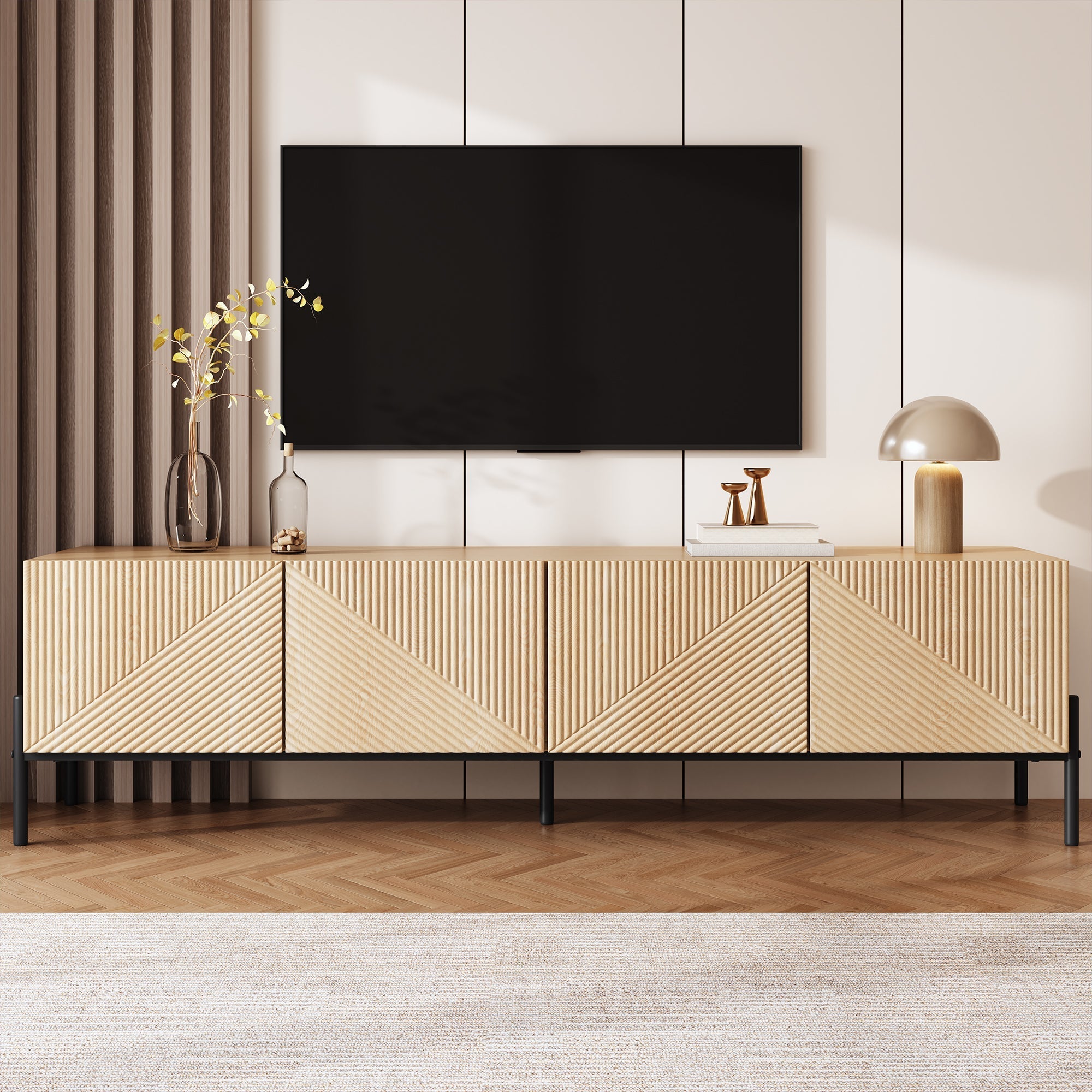 Modern TV Cabinet with 4-Door Storage and 3D Geometric Design, 160cm, Wood and Metal