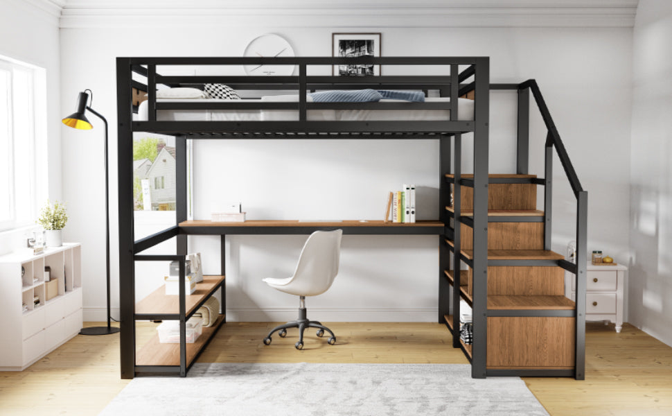 Metal Loft Bed with Desk, Shelves & Storage for Kids