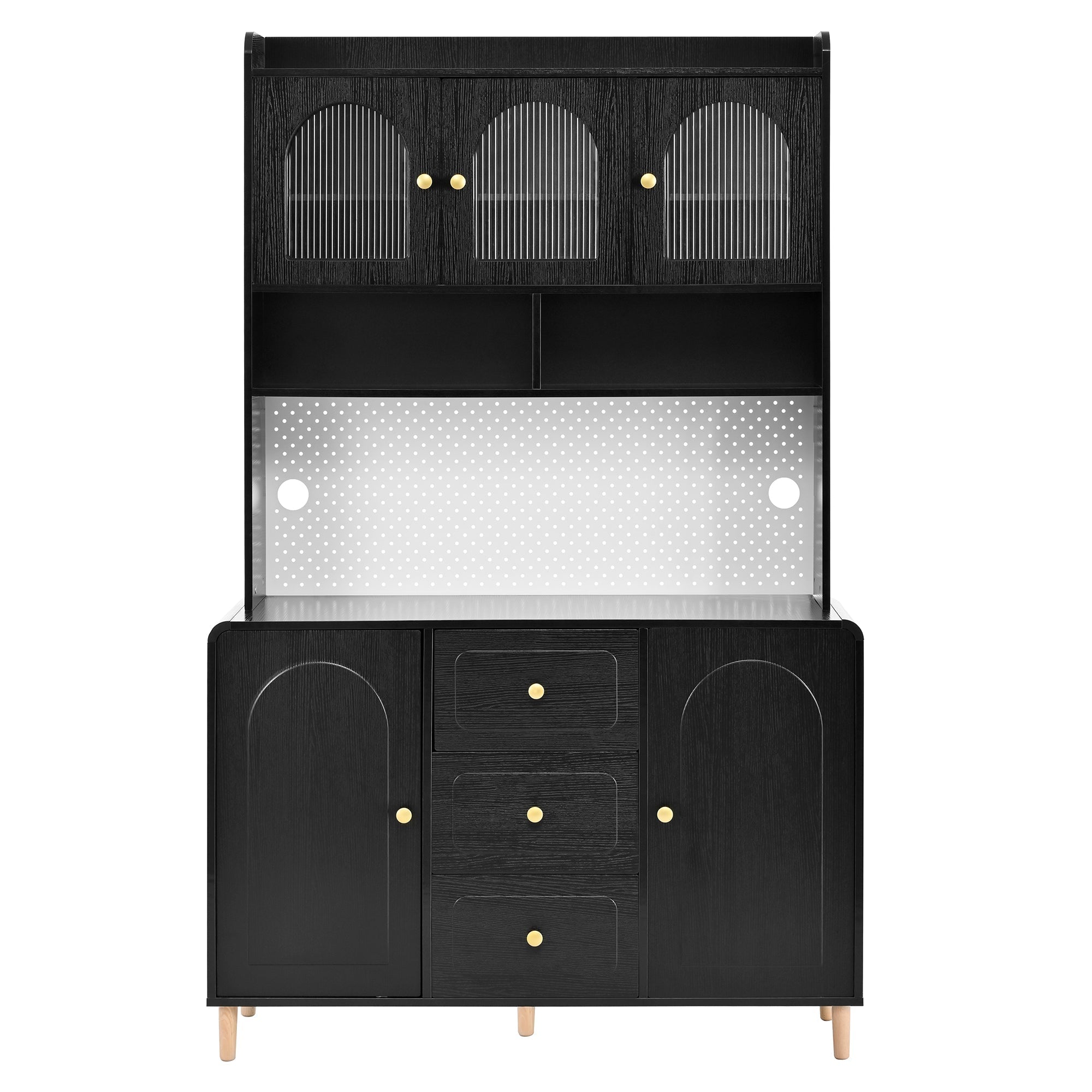 Tall Cabinet Sideboard with Pegboard Drawers Storage Solid Wood Legs Black