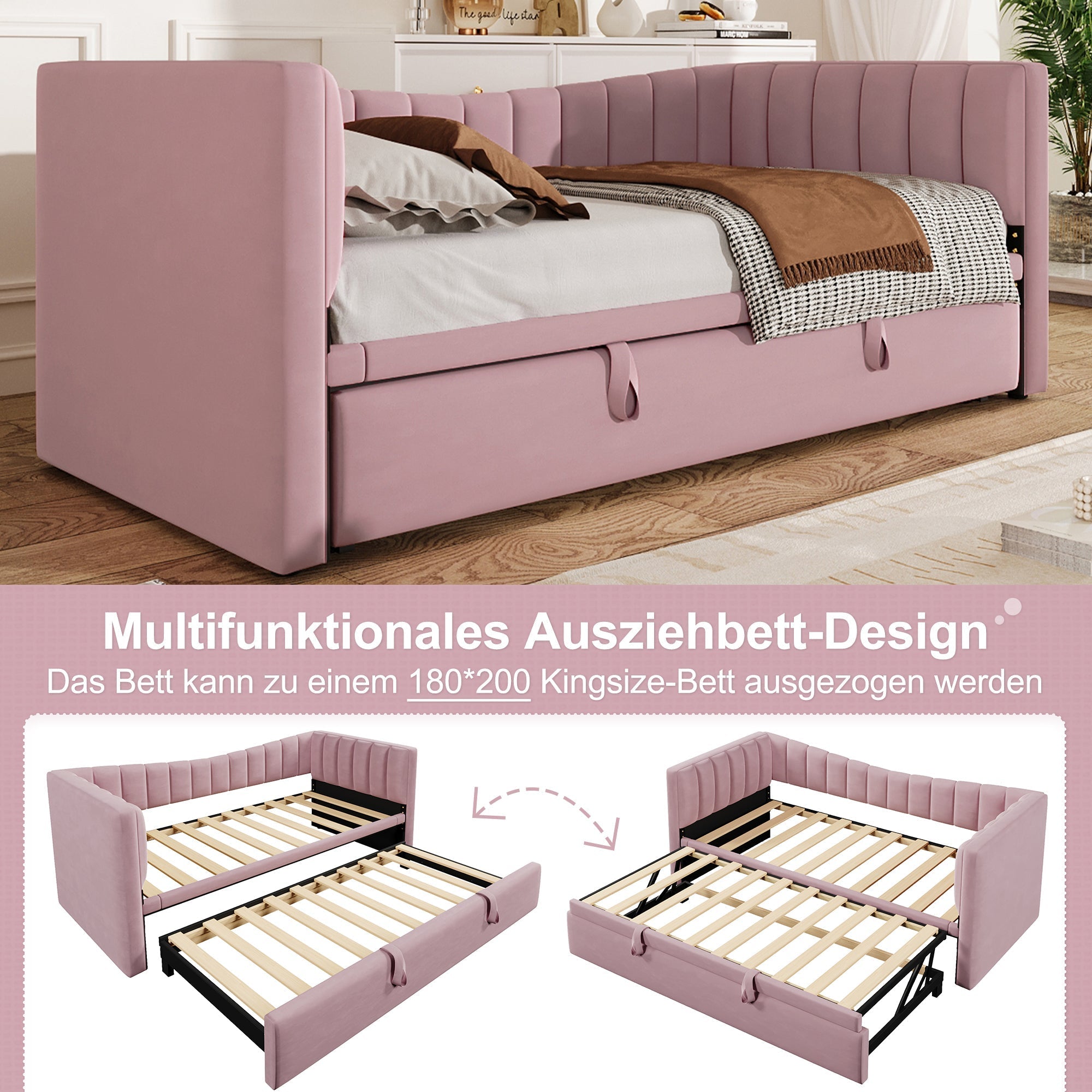 Daybed Upholstered Pull-out Bed 90/180x200cm - Velvet Pink