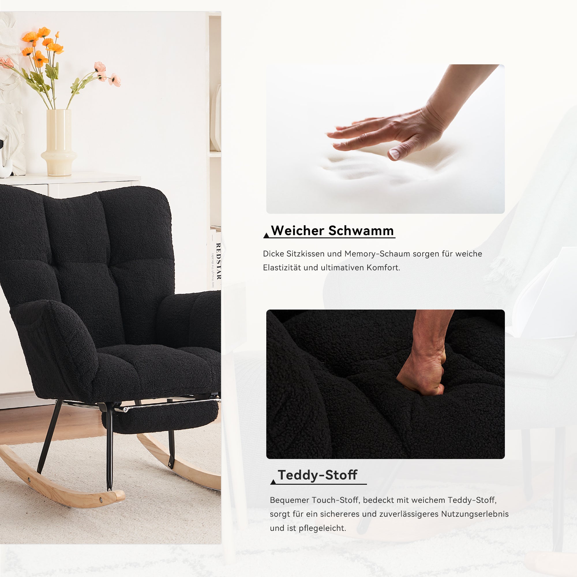 Modern Rocking Chair, Upholstered with Extendable Footrest, Black Teddy Taffeta
