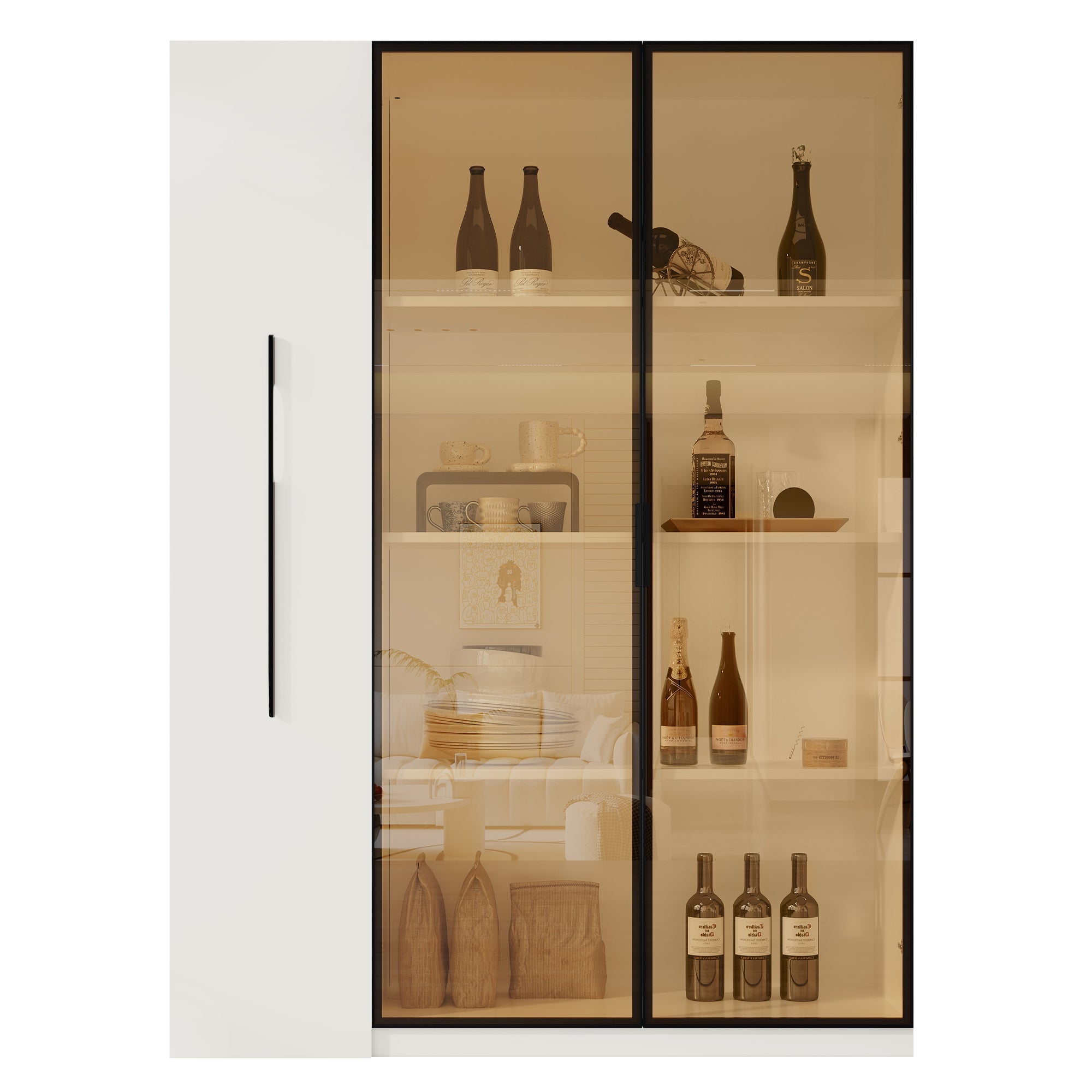 Multifunctional Cabinet with Glass Door, LED Lighting and Side Pull-out, Amber Glass and MDF