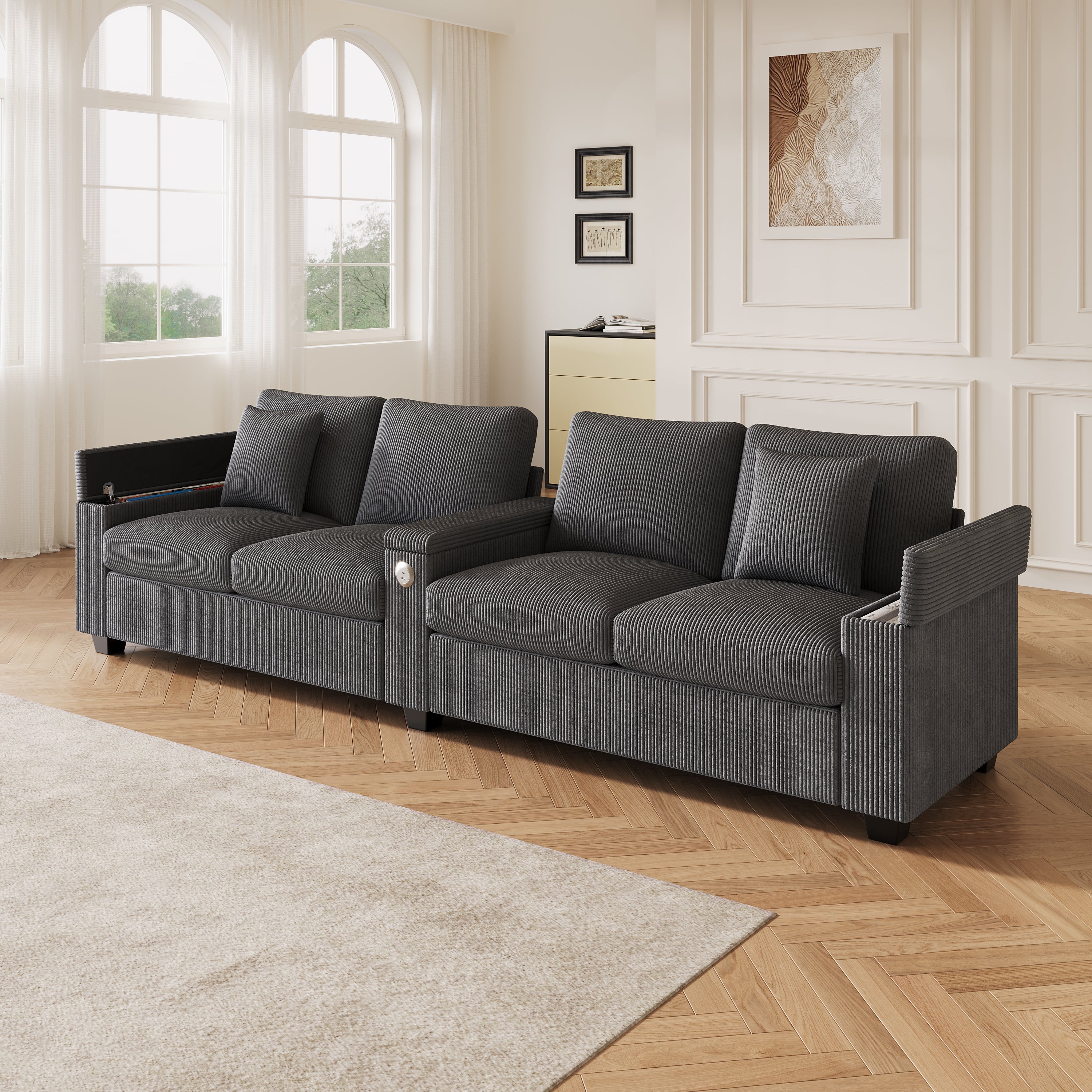 Modern 4-Seater Modular Sofa with USB Charging and Hidden Storage, Gray Corduroy