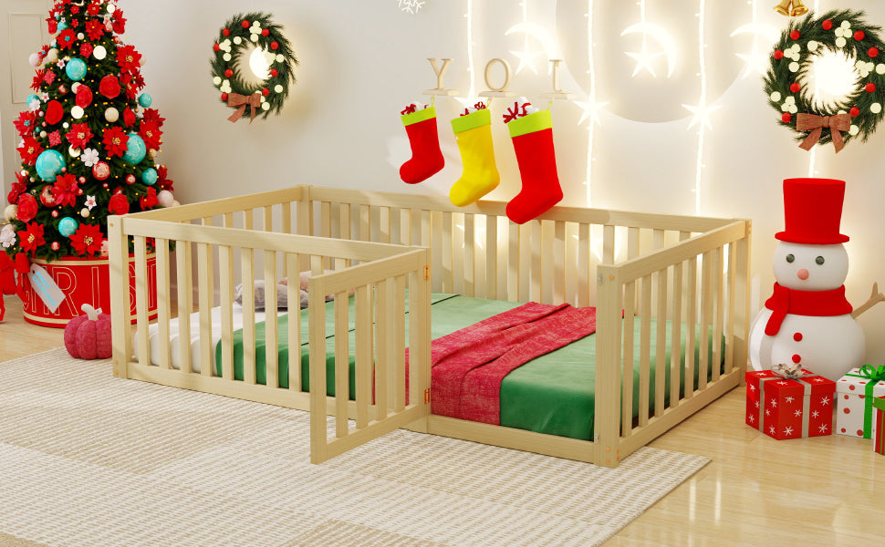 Children's bed 90 x 200, floor bed frame with fence and door, wood