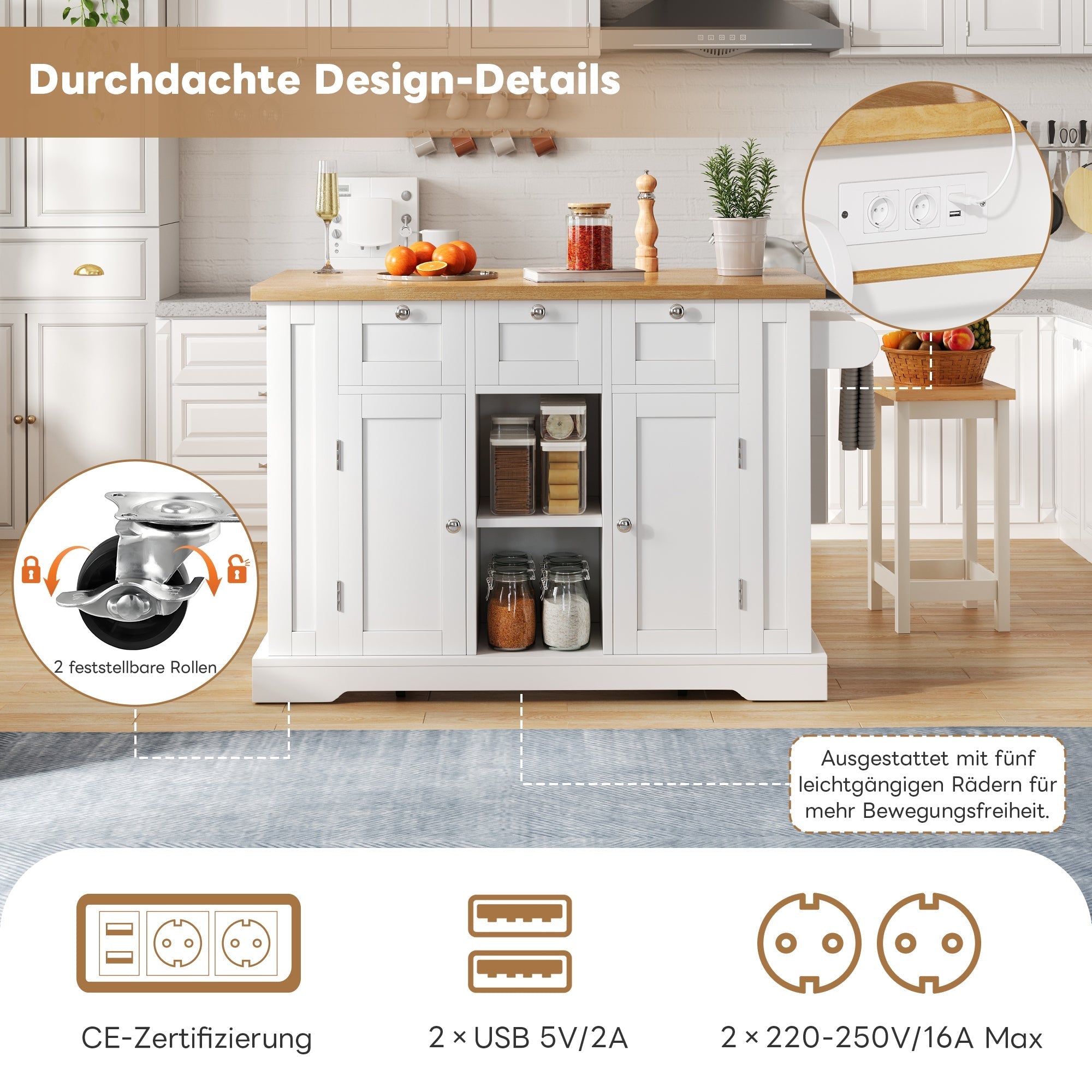Mobile Kitchen Table 132cm Folding Worktop Multifunctional Cabinet 5 Wheels Integrated Socket