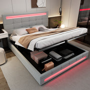 Upholstered Hydraulic Bed, 4ft6 Double 135x190cm with Square Embellishment and 7-Color LED Strips, Grey Velvet+Iron
